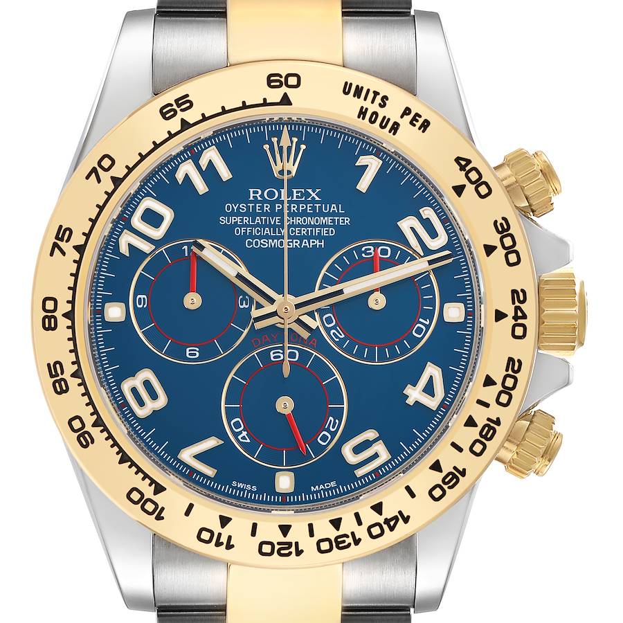 The image shows a frontal view of a Rolex Daytona watch featuring a blue dial with a gold bezel and pushers.