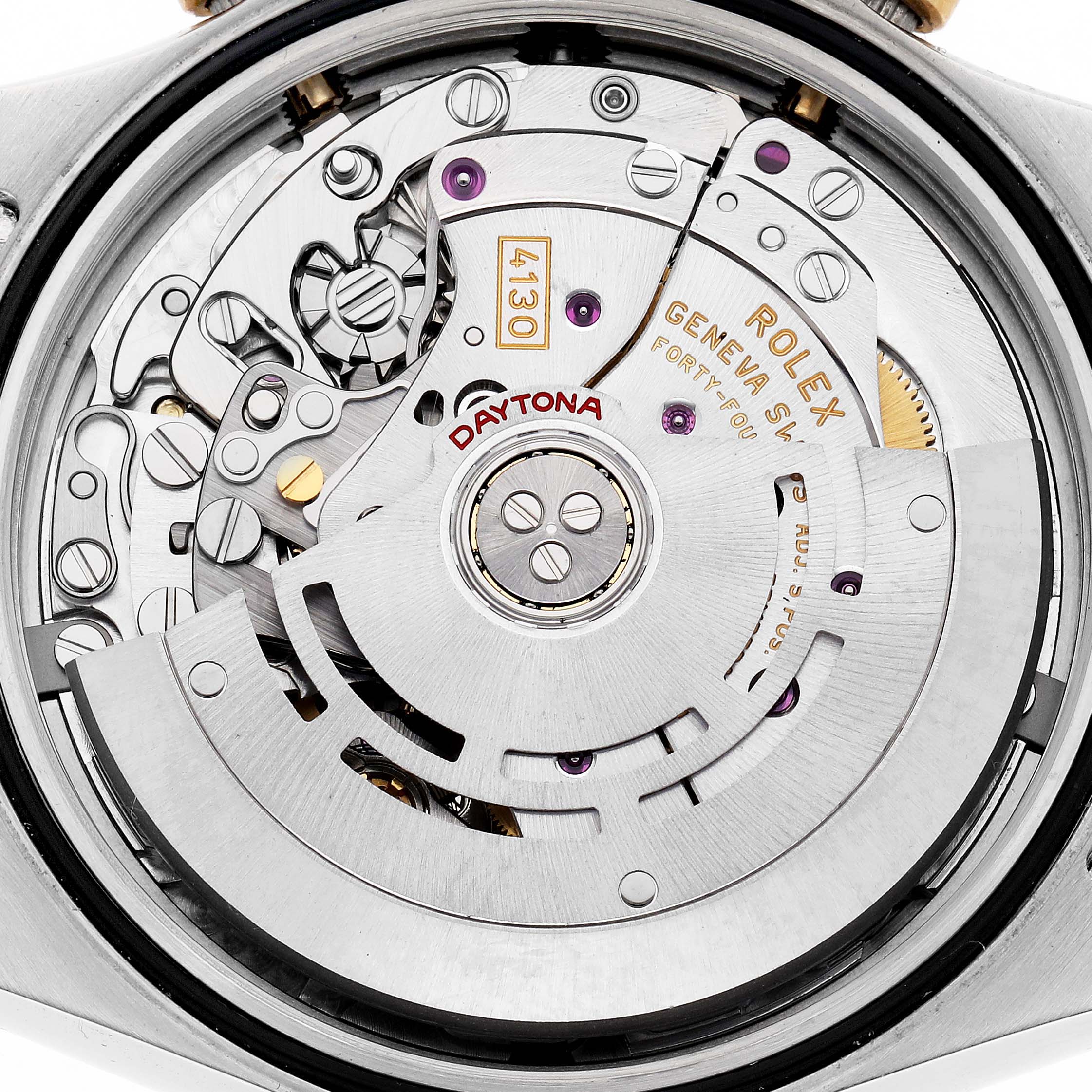 The image shows a close-up, detailed view of the movement inside a Rolex Daytona 116503 Men
s Steel and Gold (two tone) Blue Dial 116503 Men
s Steel and Gold (two tone) Blue Dial watch.