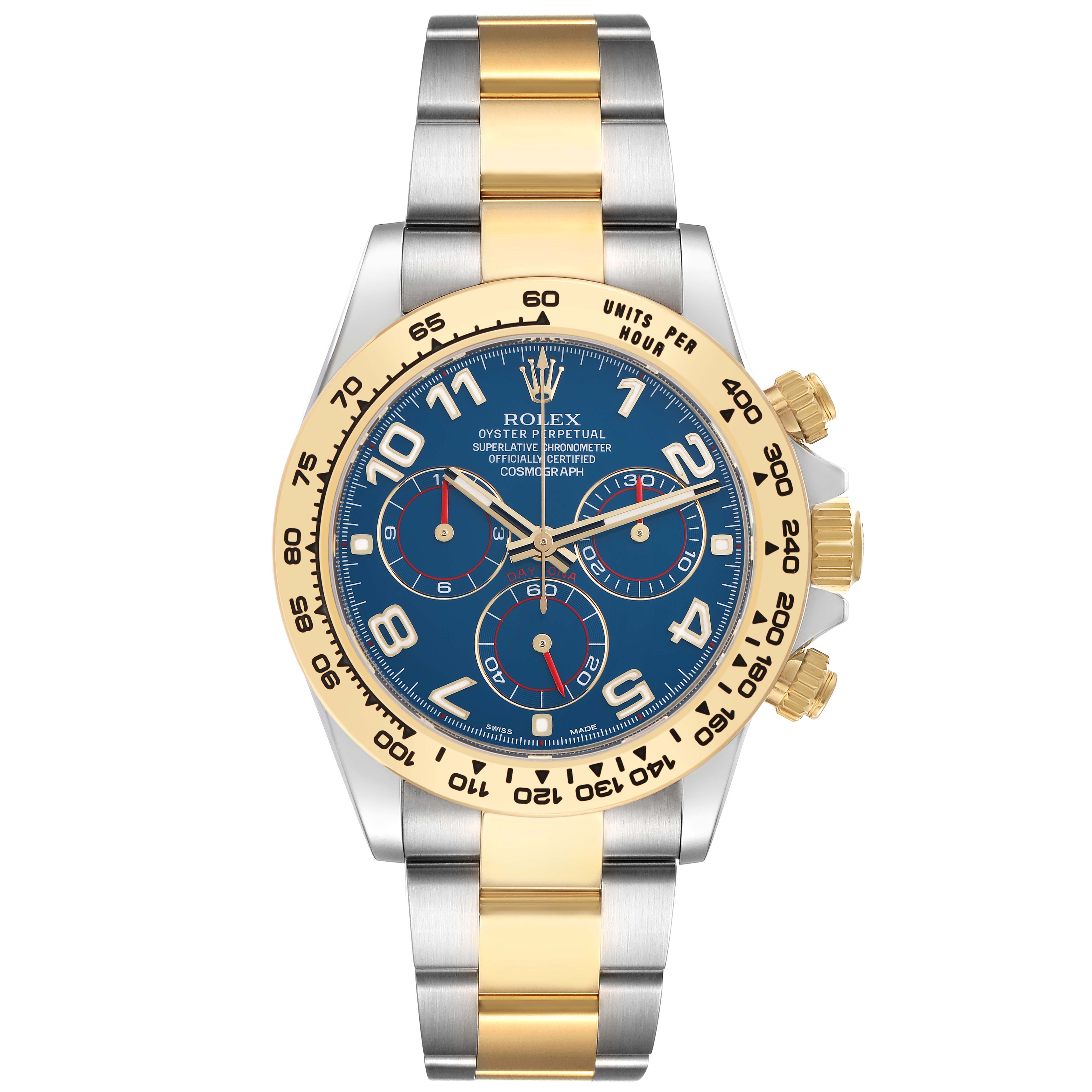 The Rolex Daytona 116503 Men
s Steel and Gold (two tone) Blue Dial 116503 Men
s Steel and Gold (two tone) Blue Dial watch is shown front-facing, highlighting the gold and silver bracelet, blue dial, and gold bezel with markings.