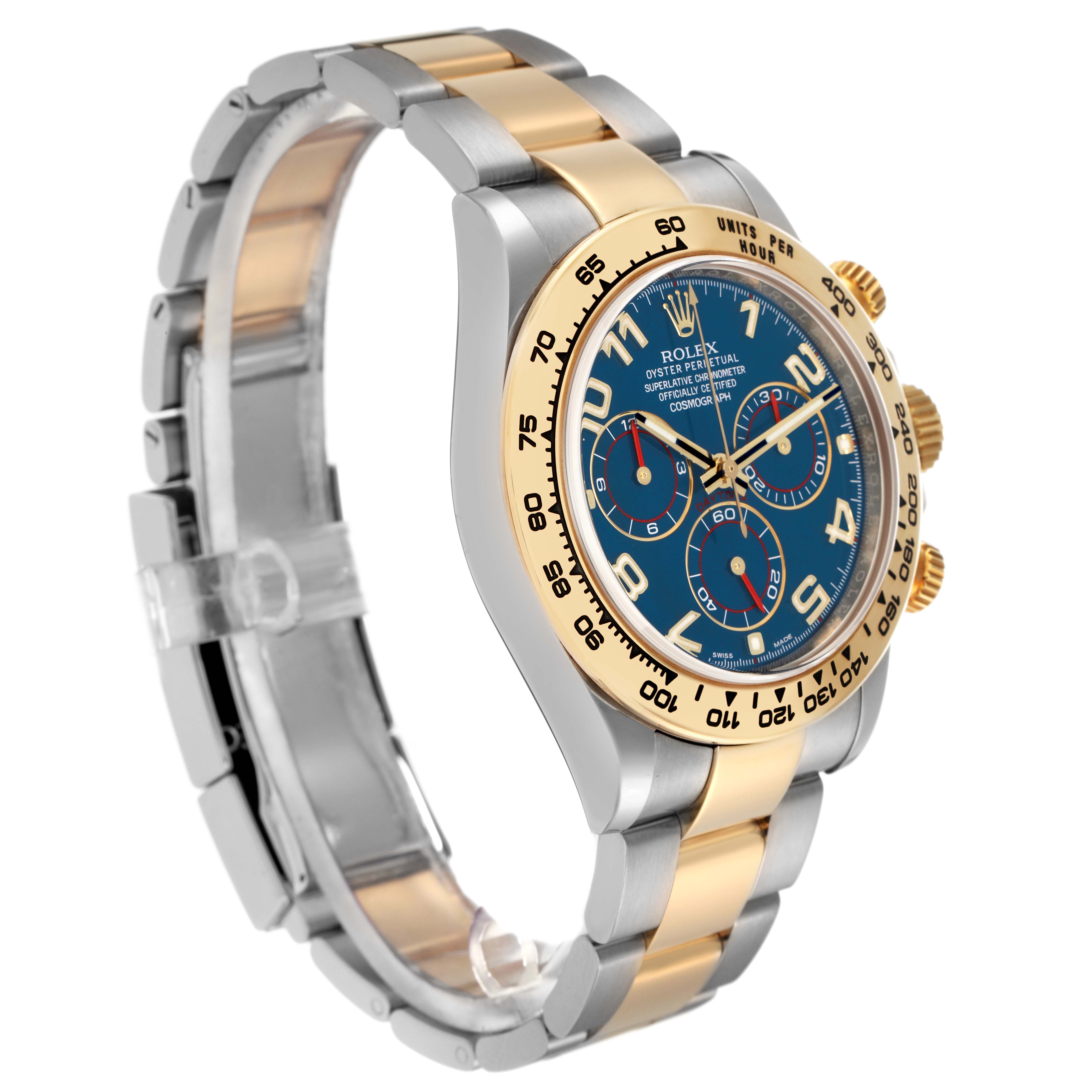 The image shows a Rolex Daytona 116503 Men
s Steel and Gold (two tone) Blue Dial 116503 Men
s Steel and Gold (two tone) Blue Dial watch at a three-quarter angle, highlighting the bezel, face, and two-tone bracelet.