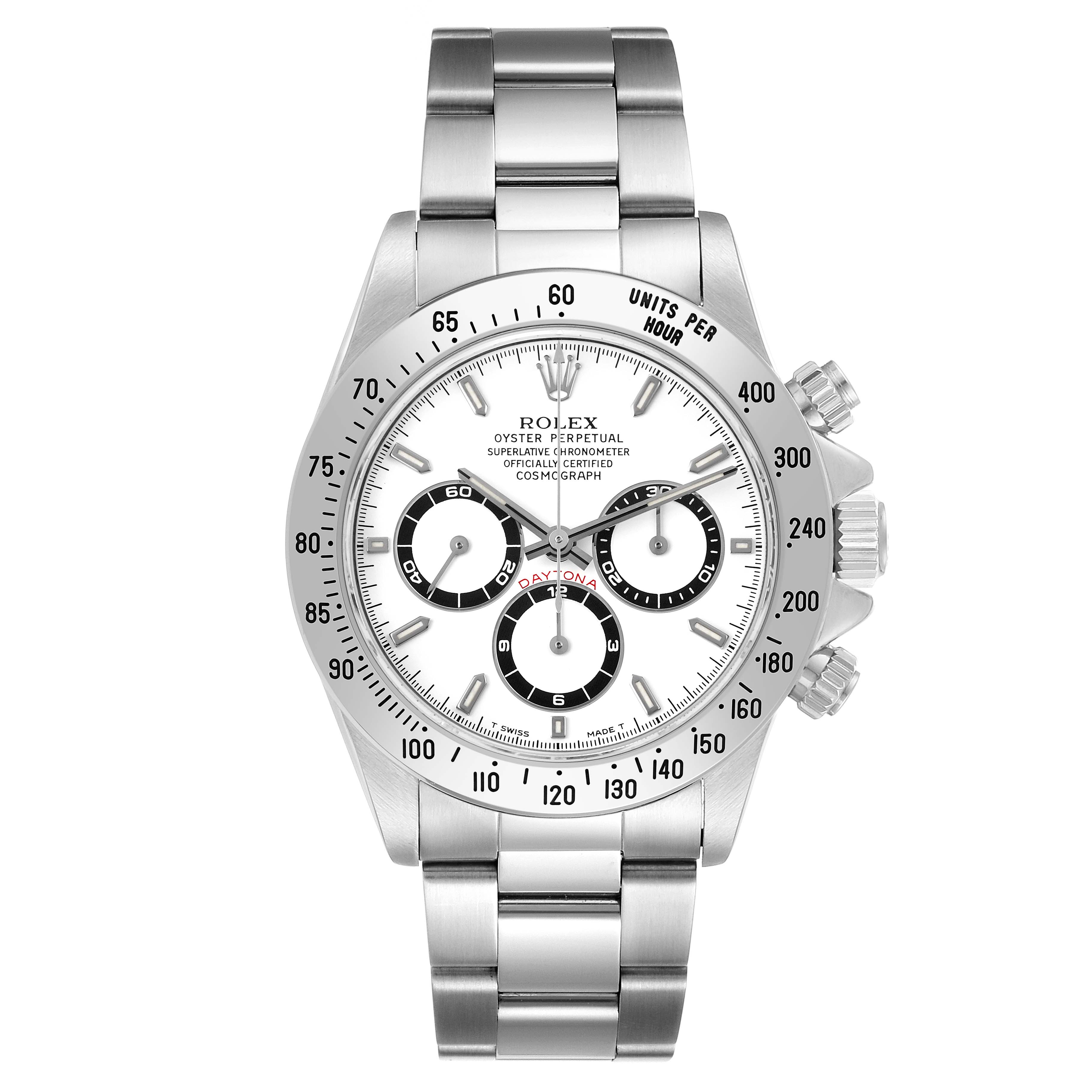 The Rolex Daytona 16520 Men's Stainless Steel White Dial watch is shown from the front, highlighting the face, bezel, and bracelet.