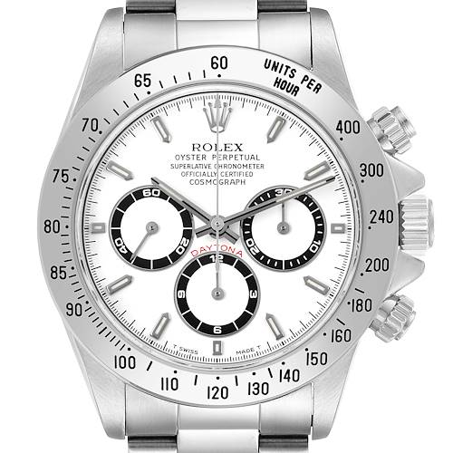 The image shows a front view of the Rolex Daytona 16520 Men's Stainless Steel White Dial watch, highlighting its dial, bezel, and side buttons.