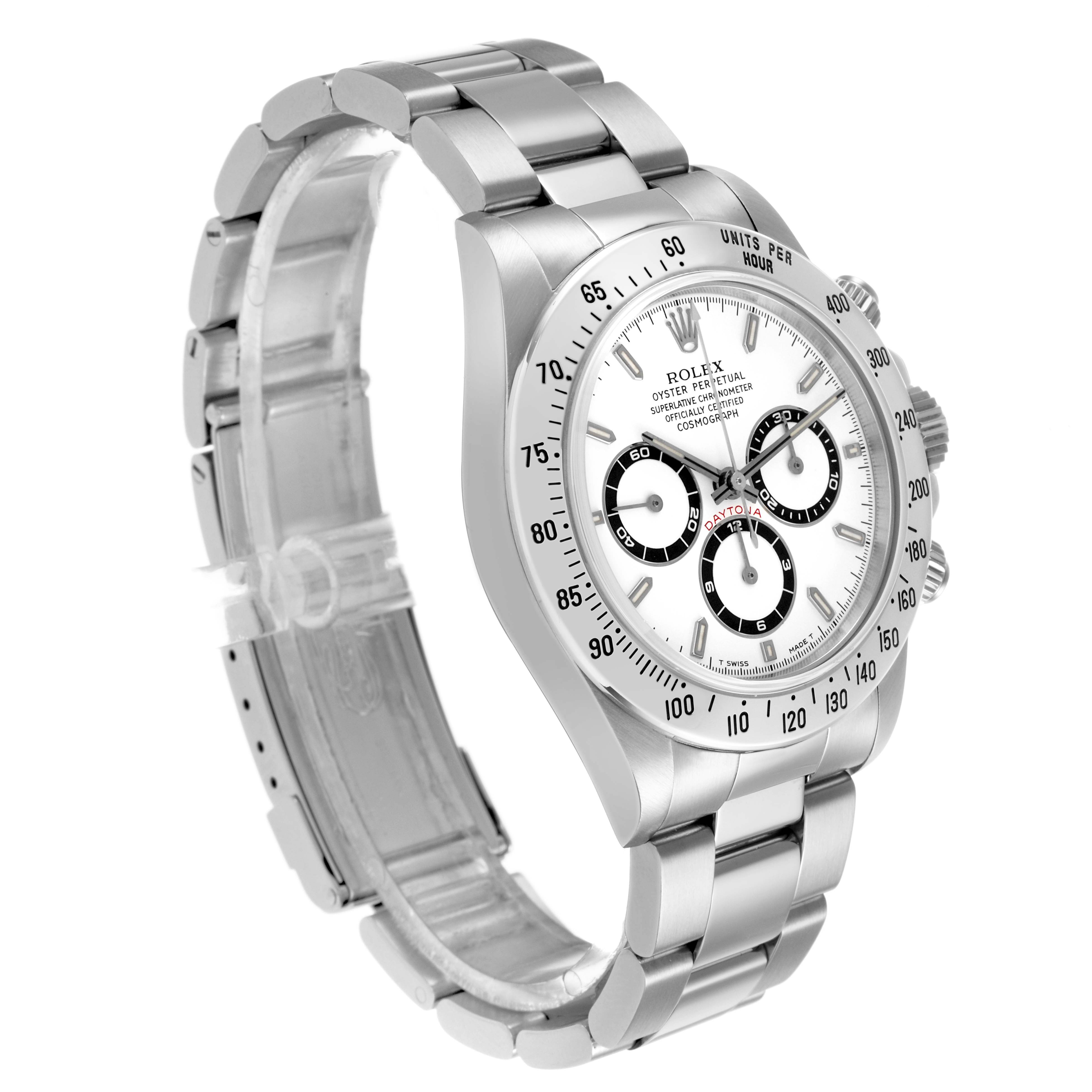 The photo shows a Rolex Daytona 16520 Men's Stainless Steel White Dial watch from an angled view, highlighting the bracelet, bezel, and dial.