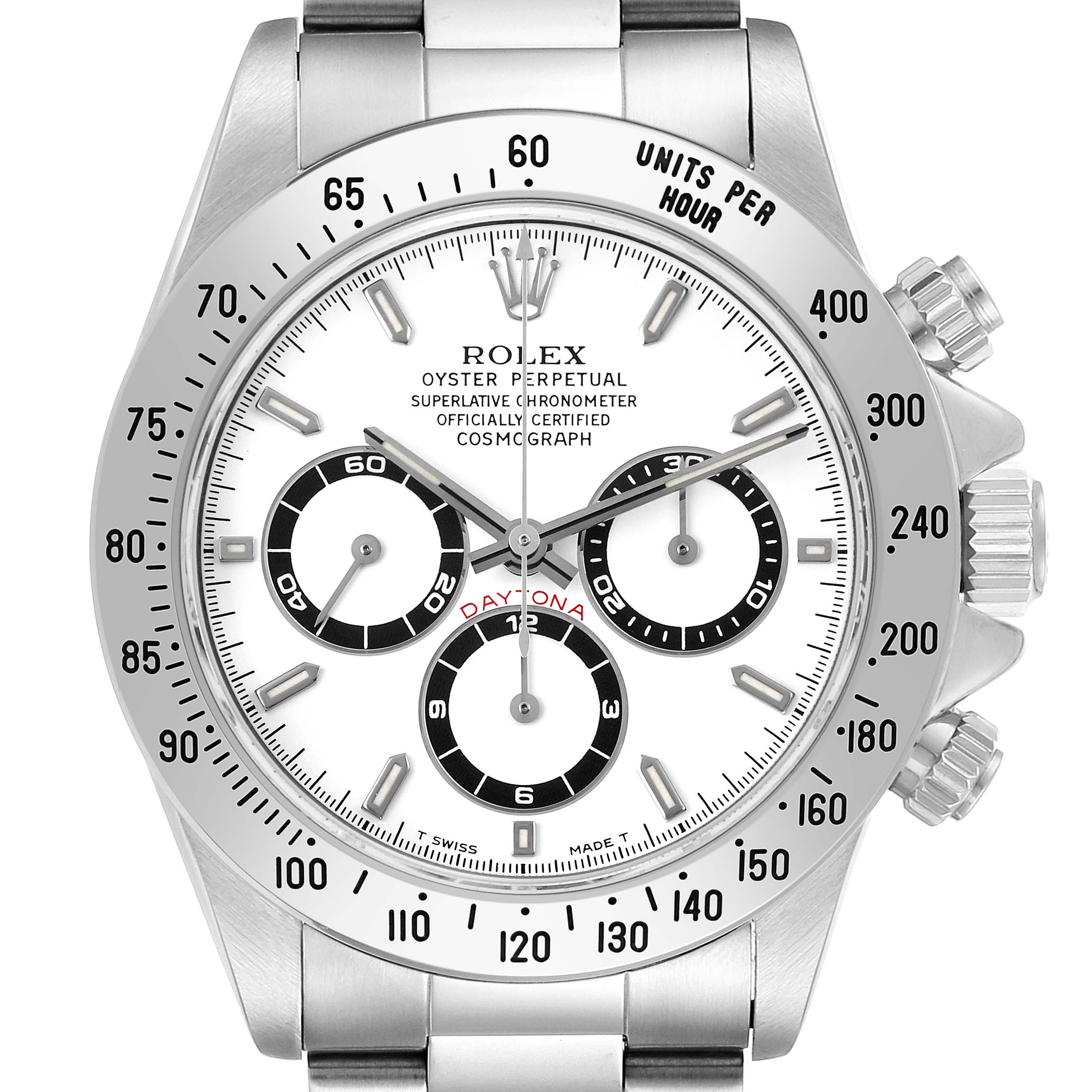 The Rolex Daytona 16520 Men's Stainless Steel White Dial watch is shown from the front, highlighting its bezel, dial, subdials, and crown.
