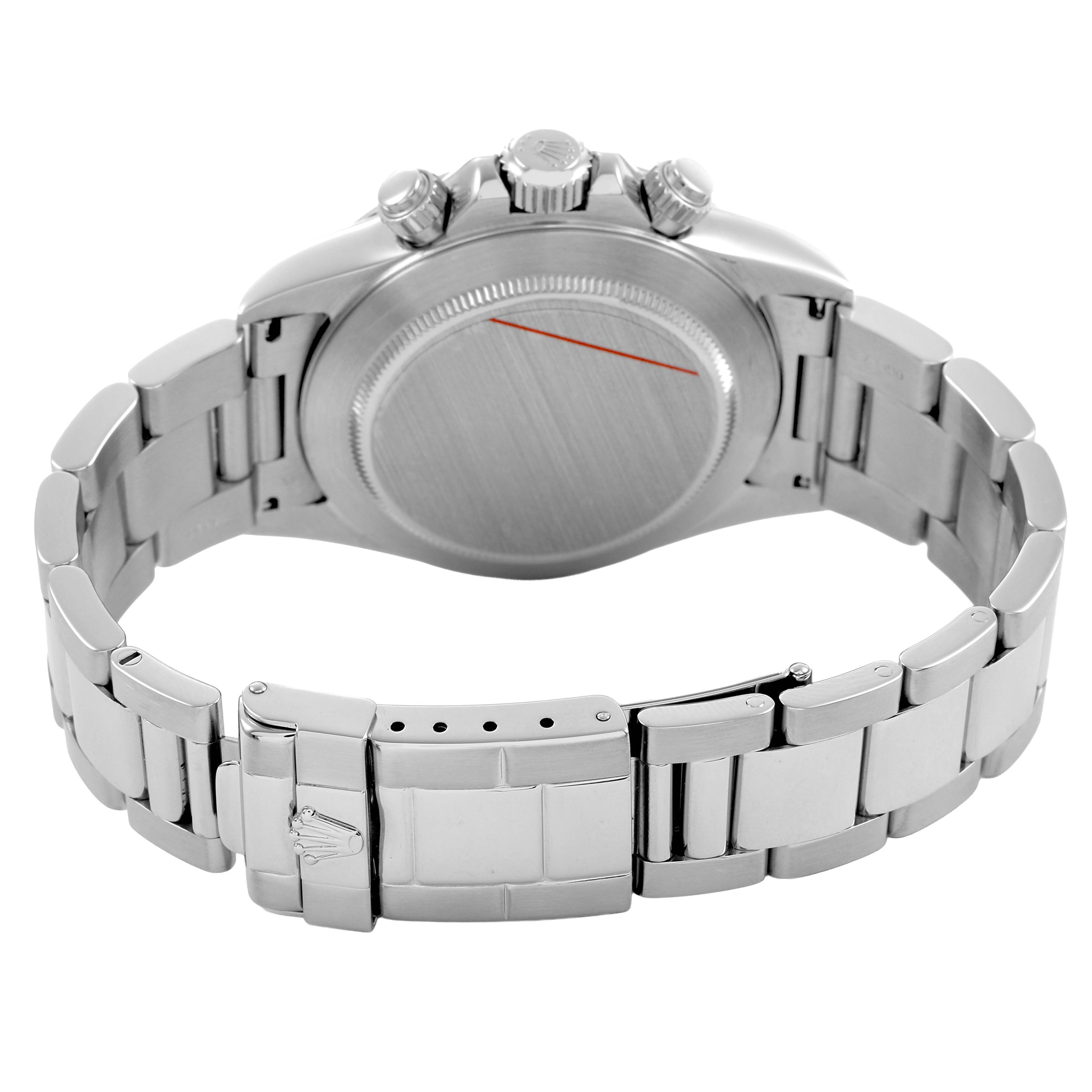 The image shows the back view of a Rolex Daytona 16520 Men's Stainless Steel White Dial, highlighting the case back, crown, and bracelet clasp.