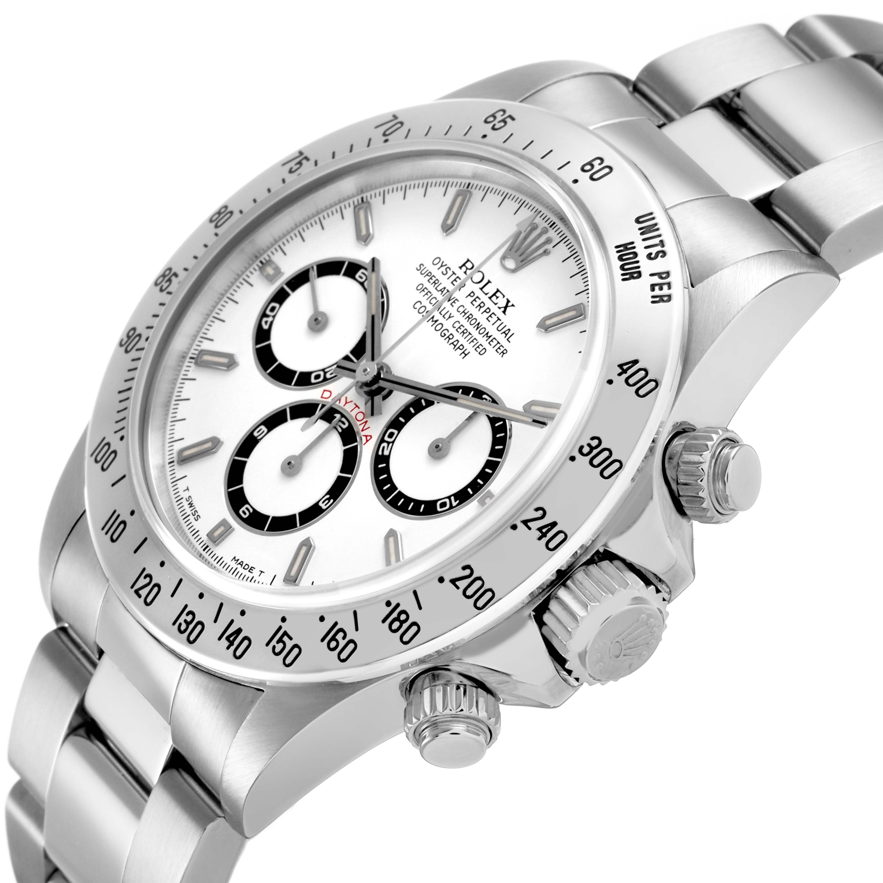 The Rolex Daytona 16520 Men's Stainless Steel White Dial watch is shown at an angled side view, highlighting the bezel, pushers, crown, and part of the bracelet.
