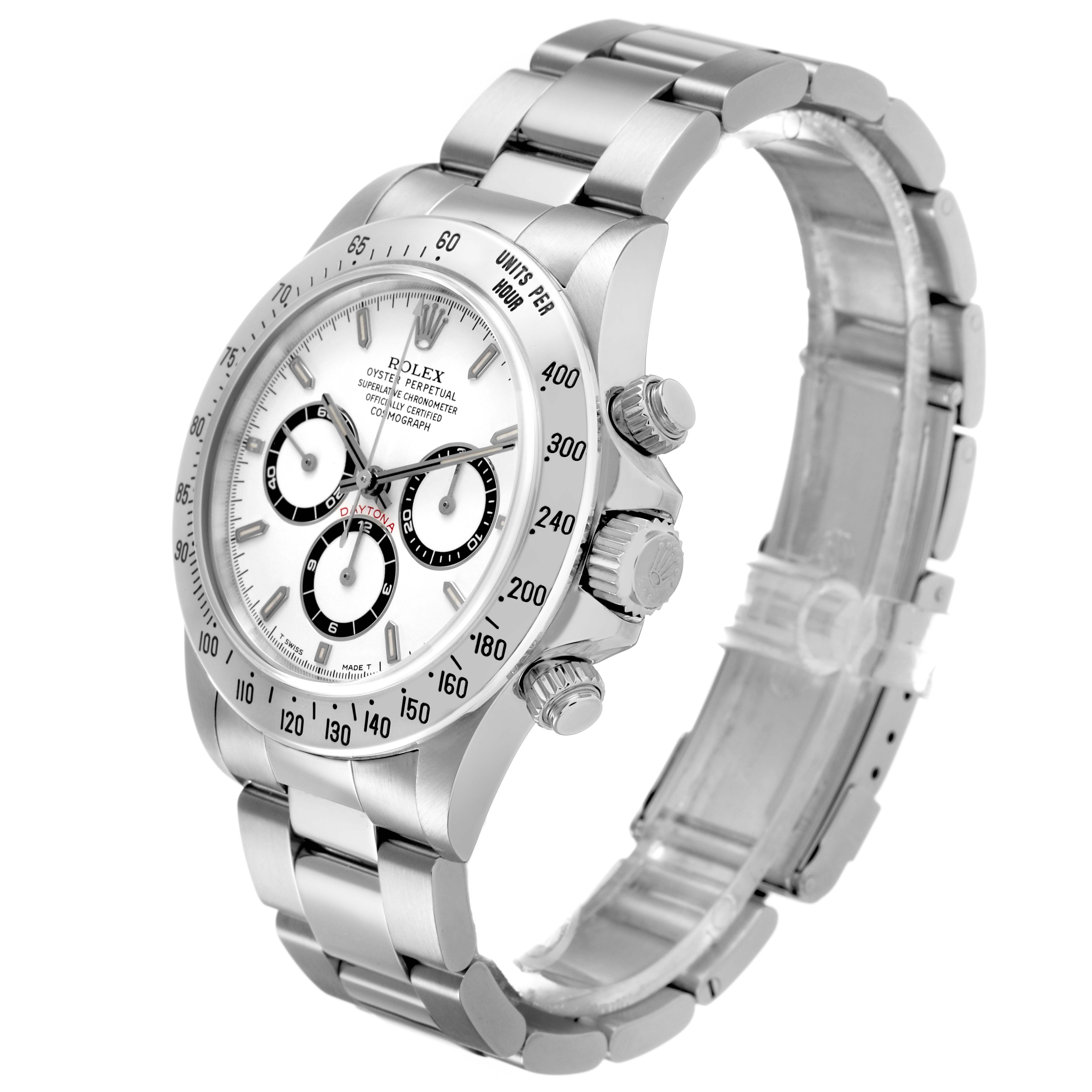The image shows a Rolex Daytona 16520 Men's Stainless Steel White Dial watch at a three-quarter angle highlighting its face, bezel, and bracelet.