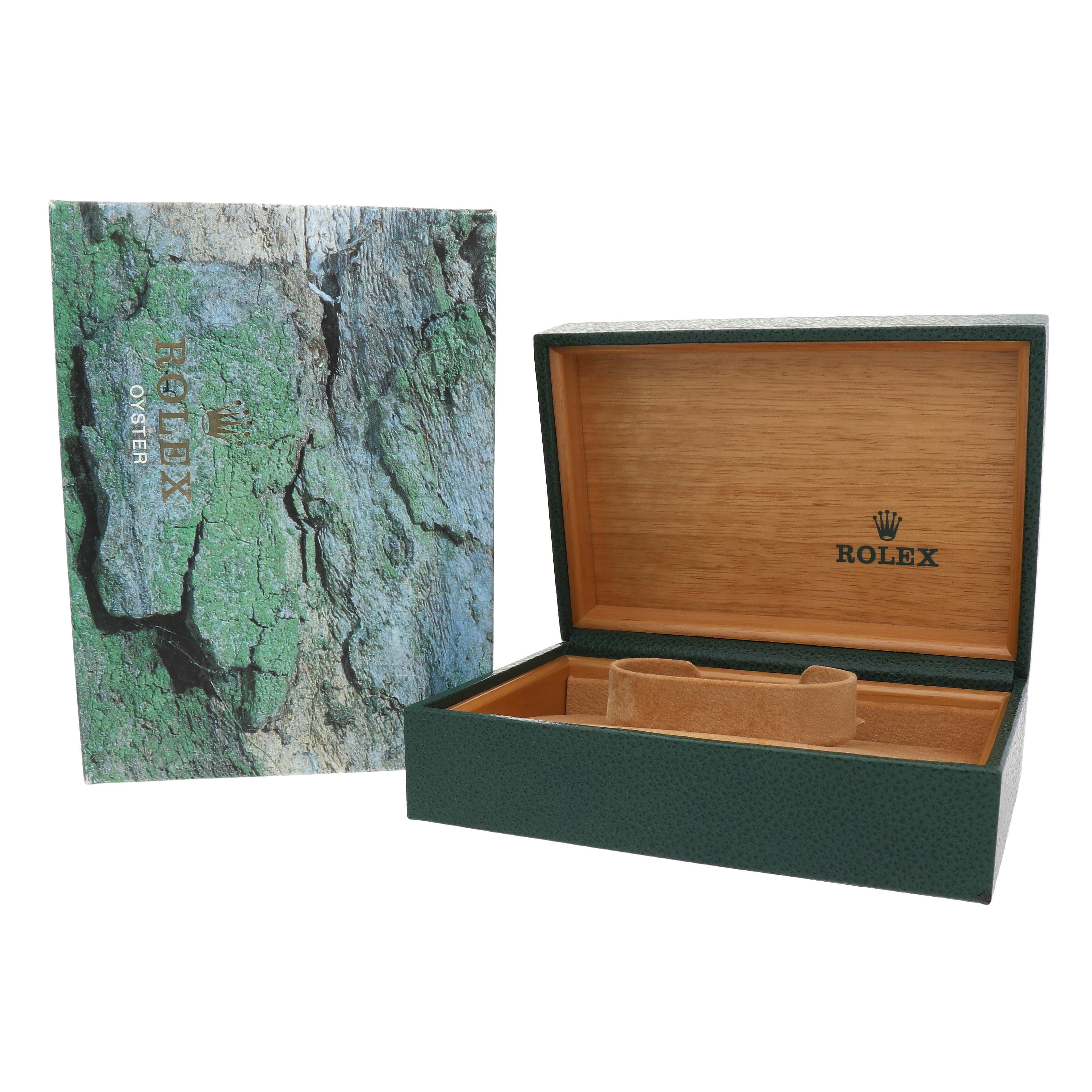 The image shows a Rolex Daytona 16520 Men's Stainless Steel White Dial watch box, open with the interior visible alongside its outer packaging.