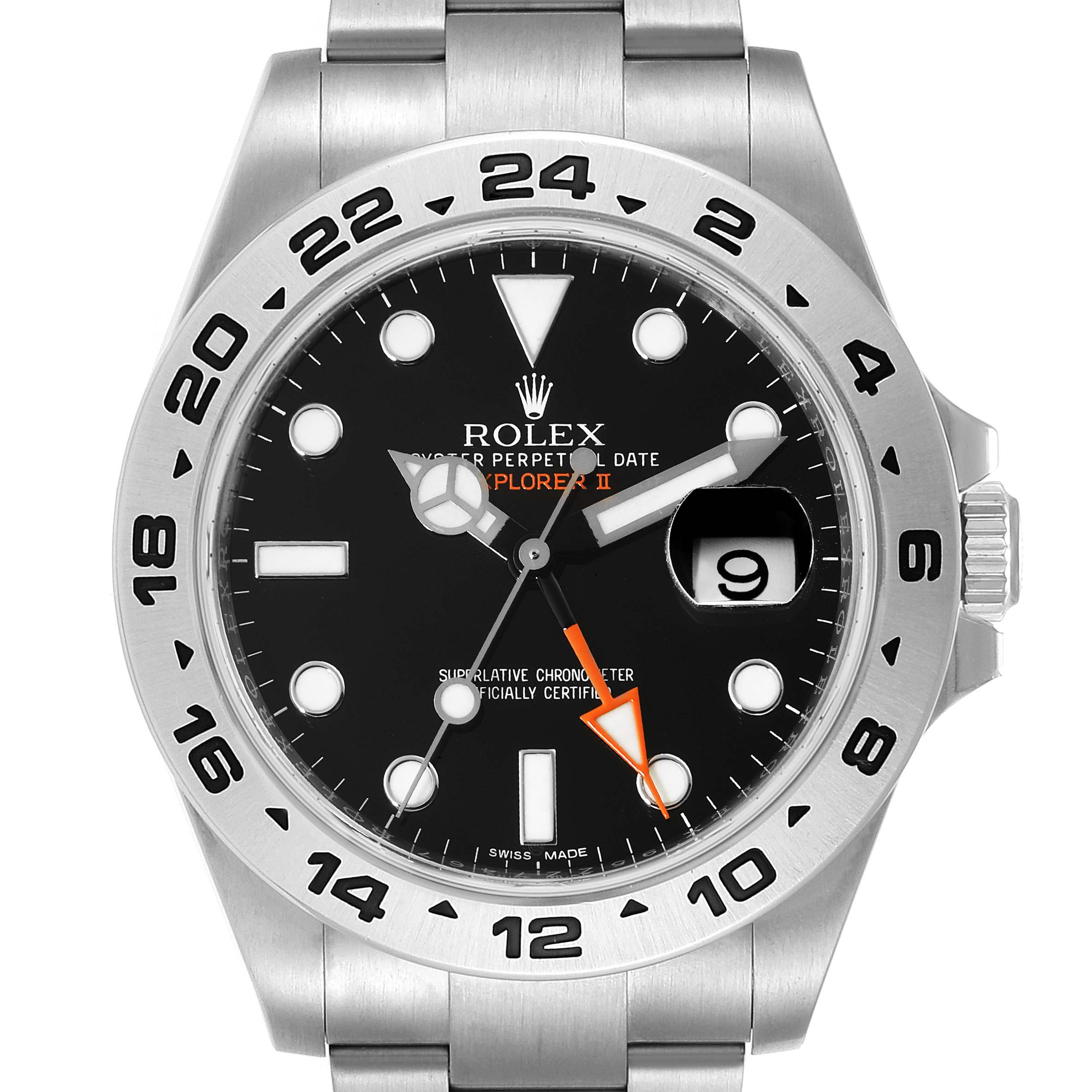 This image shows a front view of the Rolex Explorer 216570 Men's Stainless Steel Black Dial 216570 Men's Stainless Steel Black Dial watch, including the bezel, dial, hands, crown, and bracelet.