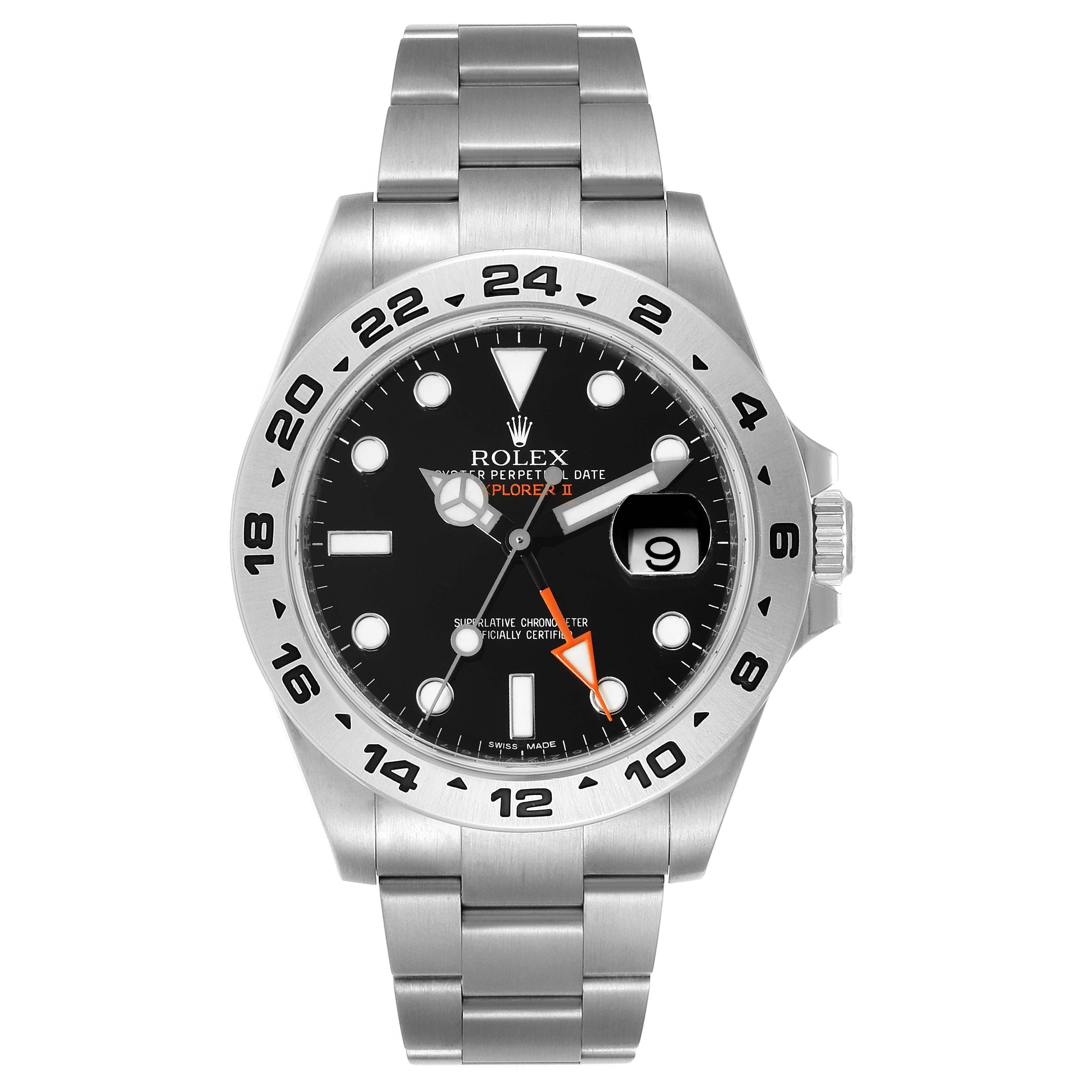 This is a front view of the Rolex Explorer 216570 Men's Stainless Steel Black Dial 216570 Men's Stainless Steel Black Dial watch, showing its face, bezel, and bracelet.
