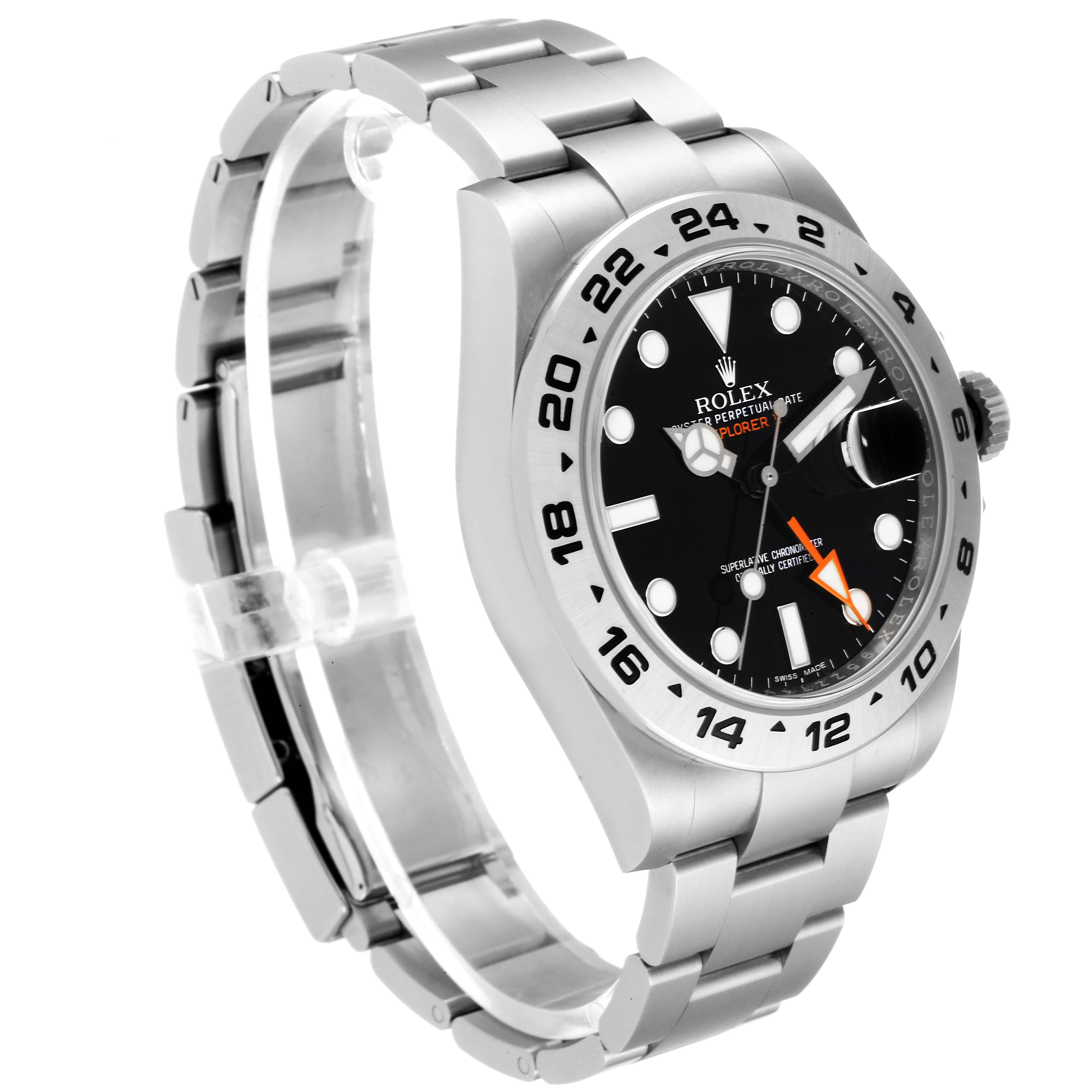 The Rolex Explorer 216570 Men's Stainless Steel Black Dial 216570 Men's Stainless Steel Black Dial model watch is shown from an angled front view, displaying the face, bezel, and part of the bracelet.