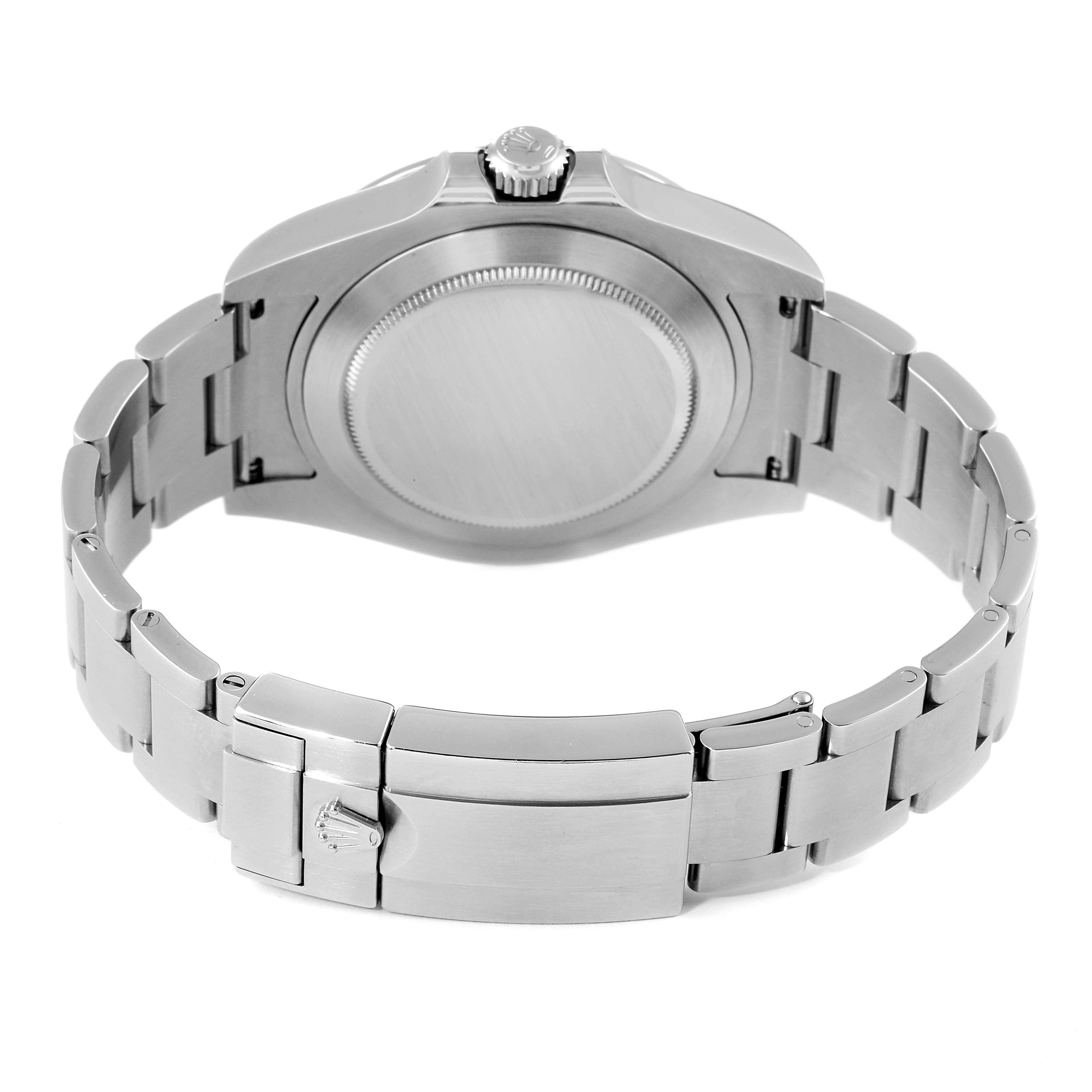 This image shows the back view of a Rolex Explorer 216570 Men's Stainless Steel Black Dial 216570 Men's Stainless Steel Black Dial watch, including the case back, crown, and metal bracelet with a clasp.