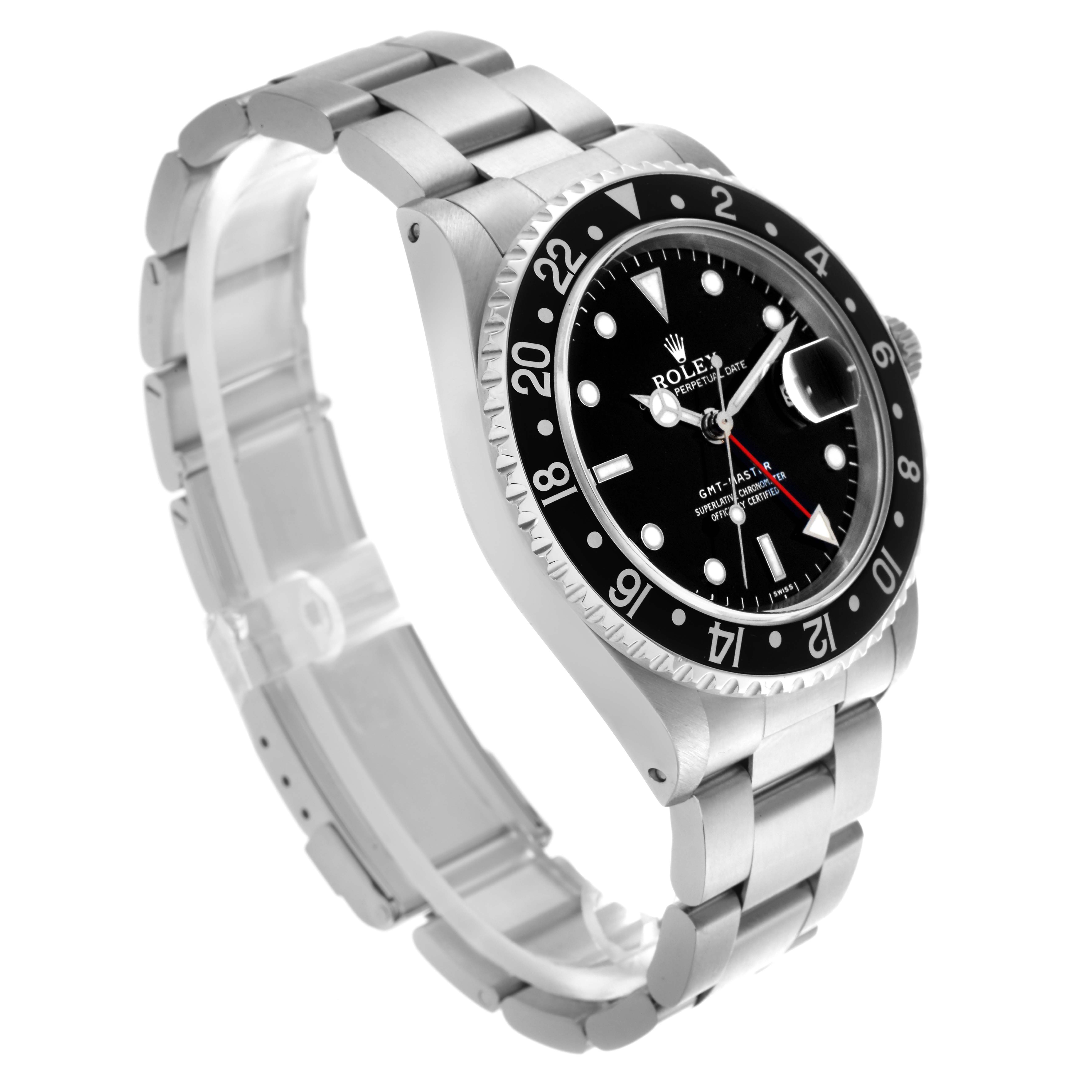 The Rolex GMT-Master 16700 Men
s Stainless Steel Black Dial 16700 Men
s Stainless Steel Black Dial watch is shown at a three-quarter angle displaying the bezel, dial, bracelet, and clasp.