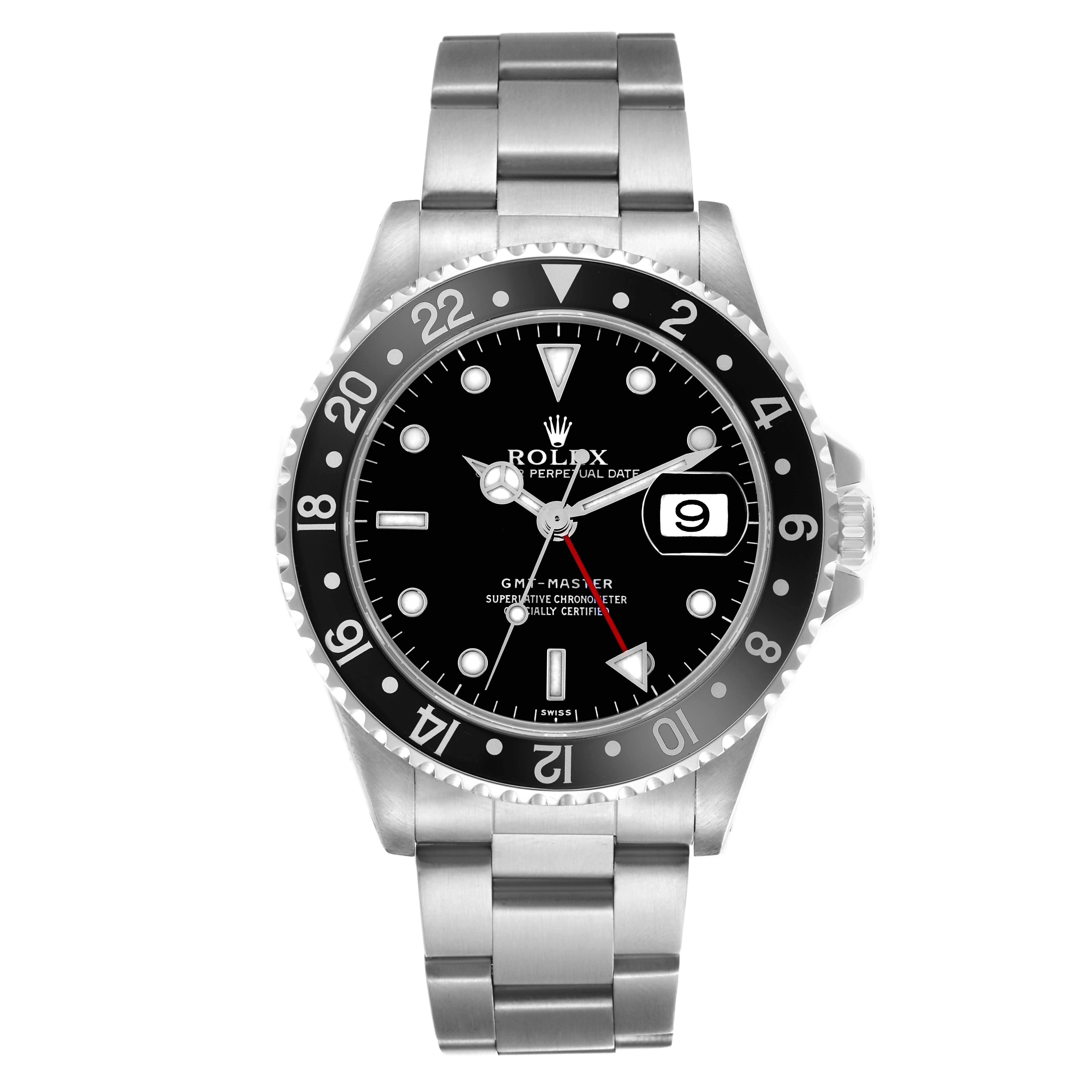 The image shows a Rolex GMT-Master 16700 Men
s Stainless Steel Black Dial 16700 Men
s Stainless Steel Black Dial watch from a front-facing angle, highlighting the bezel, dial, and bracelet.