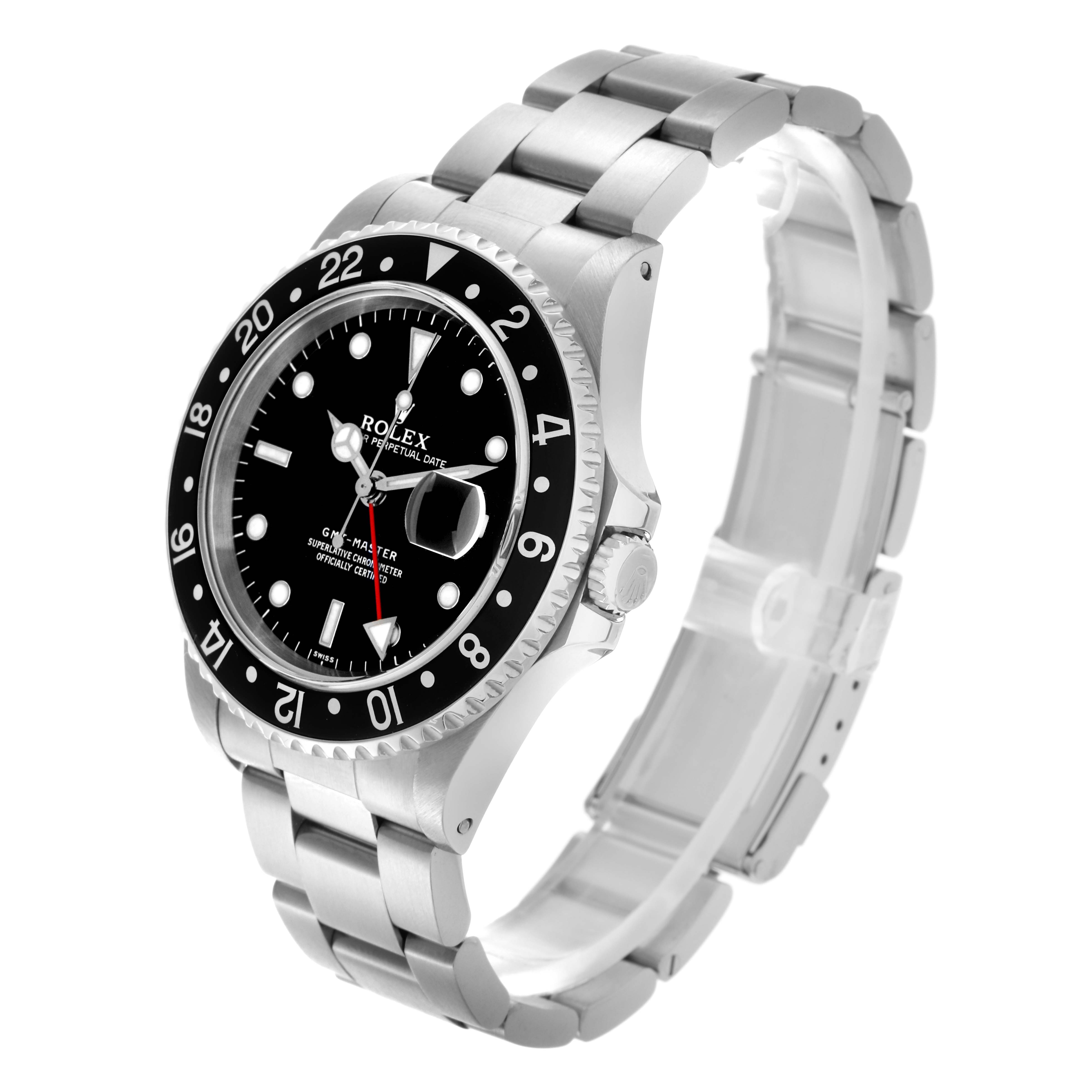 The image shows a Rolex GMT-Master 16700 Men
s Stainless Steel Black Dial 16700 Men
s Stainless Steel Black Dial watch at a three-quarter angle, highlighting the bezel, dial, case, and bracelet.
