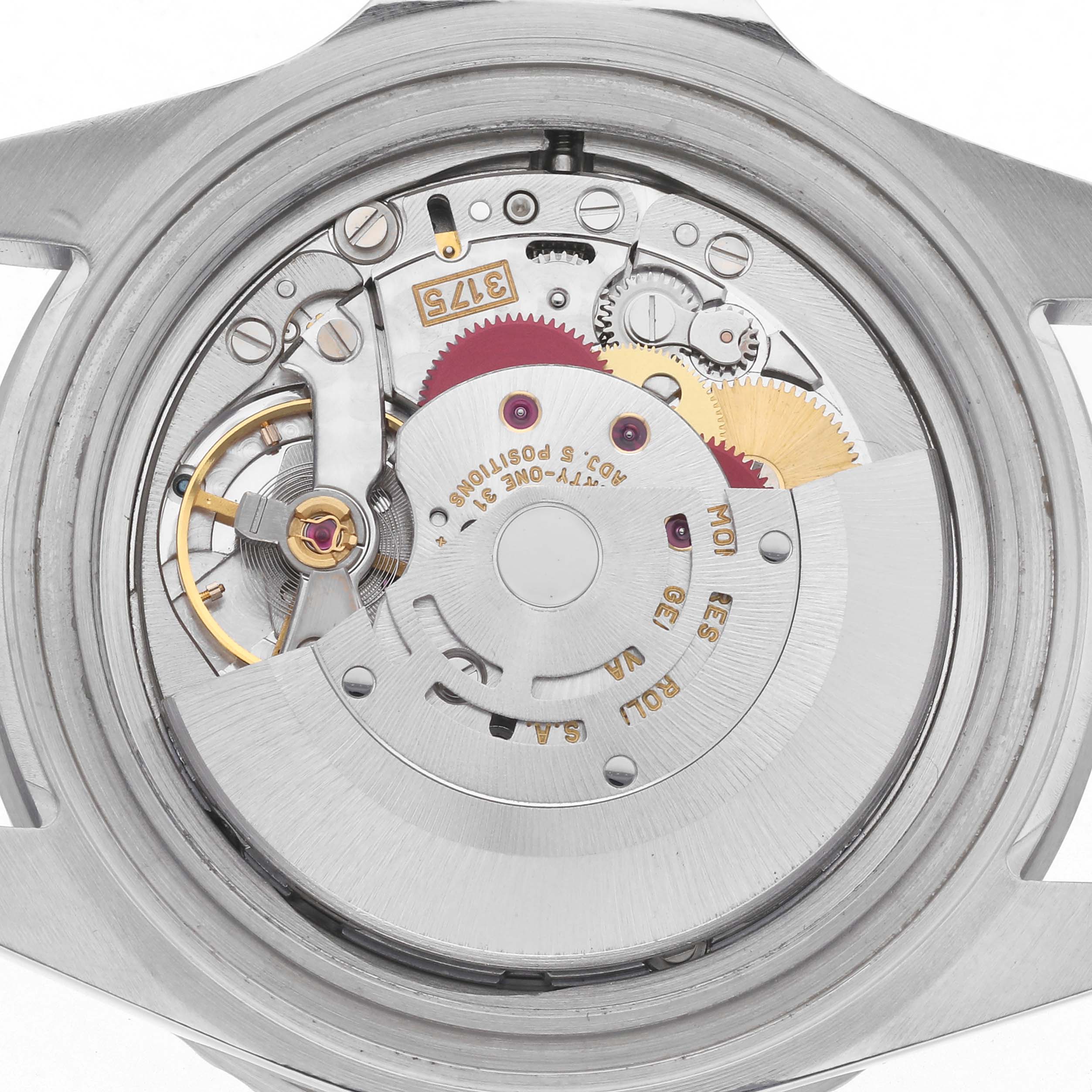 The image shows the movement mechanism of a Rolex GMT-Master 16700 Men
s Stainless Steel Black Dial 16700 Men
s Stainless Steel Black Dial watch from a top-down angle.