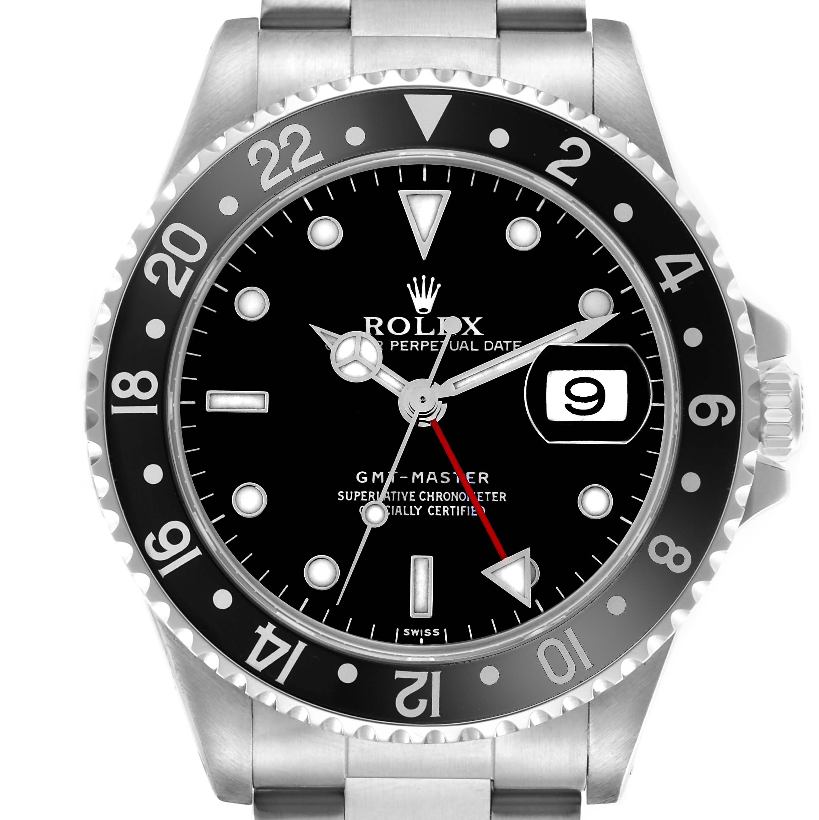 The Rolex GMT-Master 16700 Men
s Stainless Steel Black Dial 16700 Men
s Stainless Steel Black Dial watch is shown from the front, displaying the bezel, dial, hands, and date magnification feature.