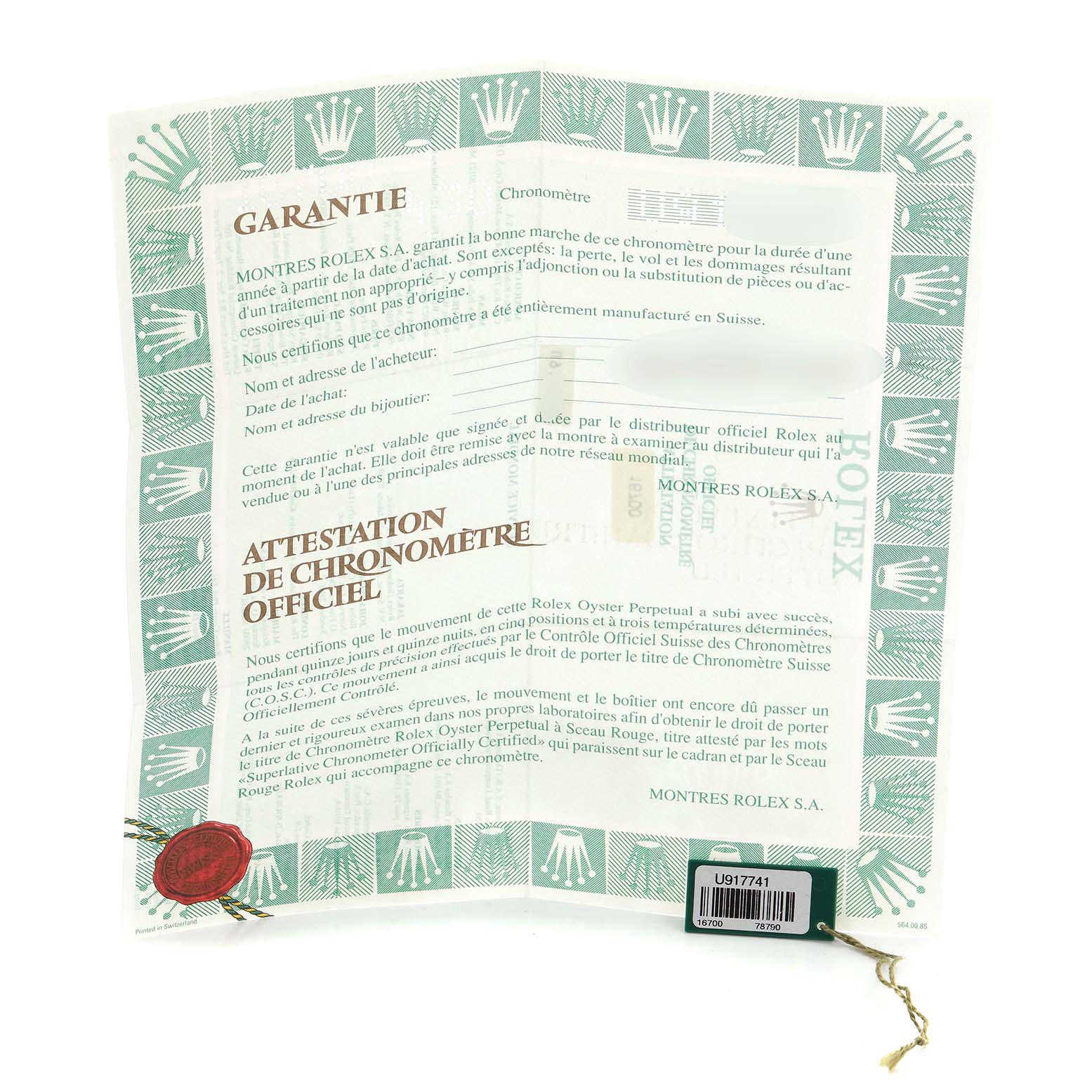 This image shows a warranty and chronometer certificate for a Rolex GMT-Master 16700 Men
s Stainless Steel Black Dial 16700 Men
s Stainless Steel Black Dial, displayed fully open with visible text and emblem.