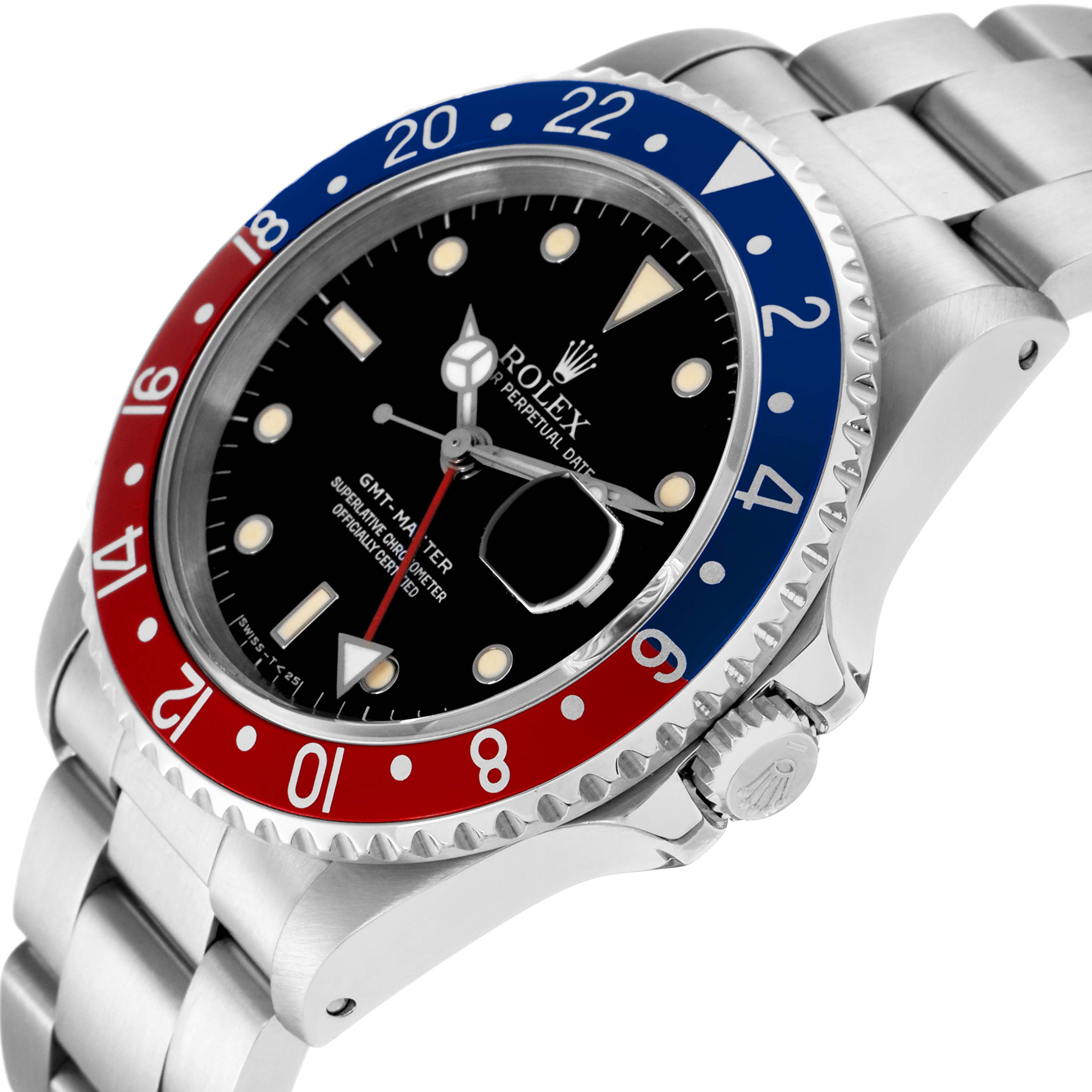 The Rolex GMT-Master 16700 Men
s Stainless Steel Black Dial 16700 Men
s Stainless Steel Black Dial watch is shown from a side angle, highlighting the bezel, dial, crown, and part of the bracelet.