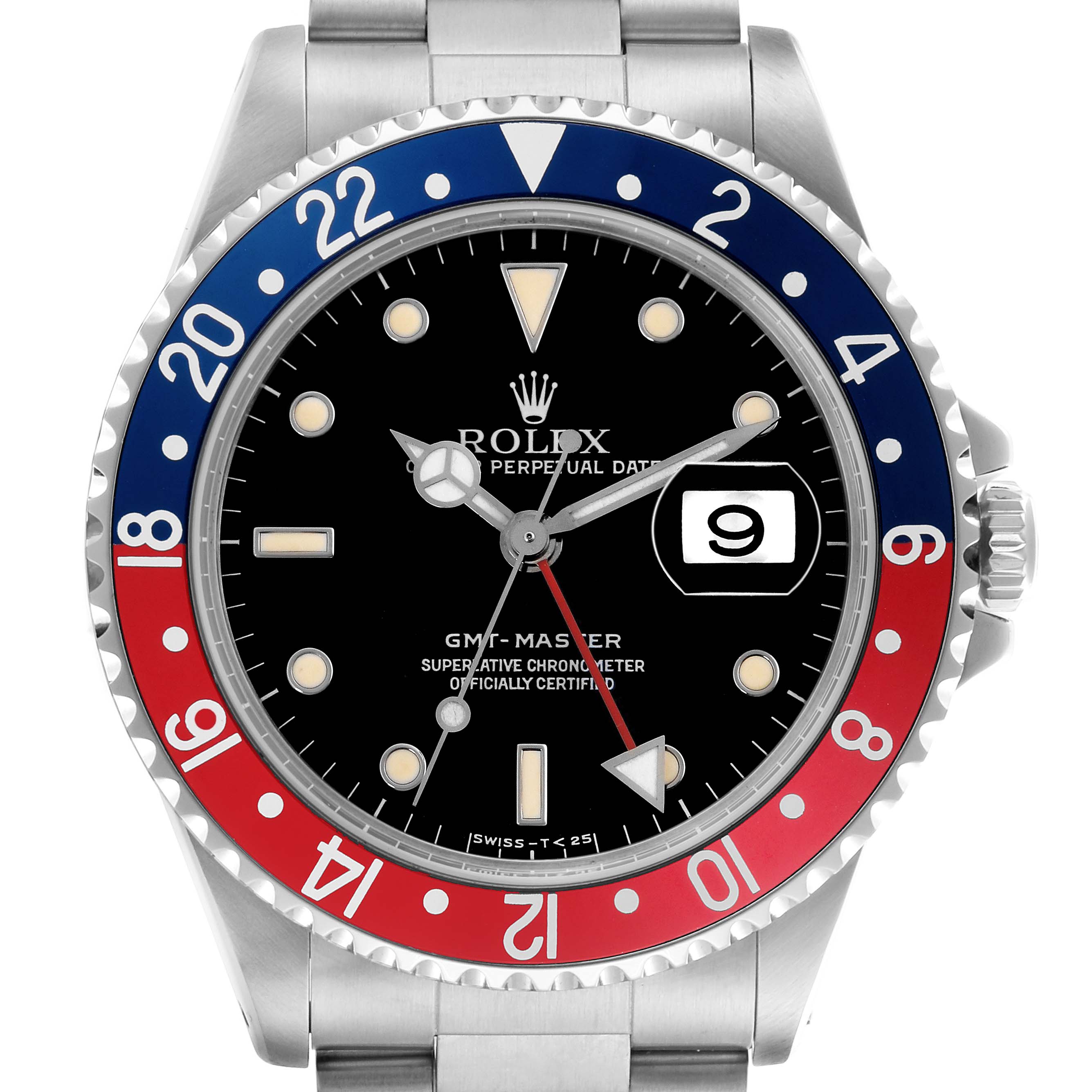 The Rolex GMT-Master 16700 Men
s Stainless Steel Black Dial 16700 Men
s Stainless Steel Black Dial watch is shown from the front, displaying the bezel, dial, hands, and bracelet top.