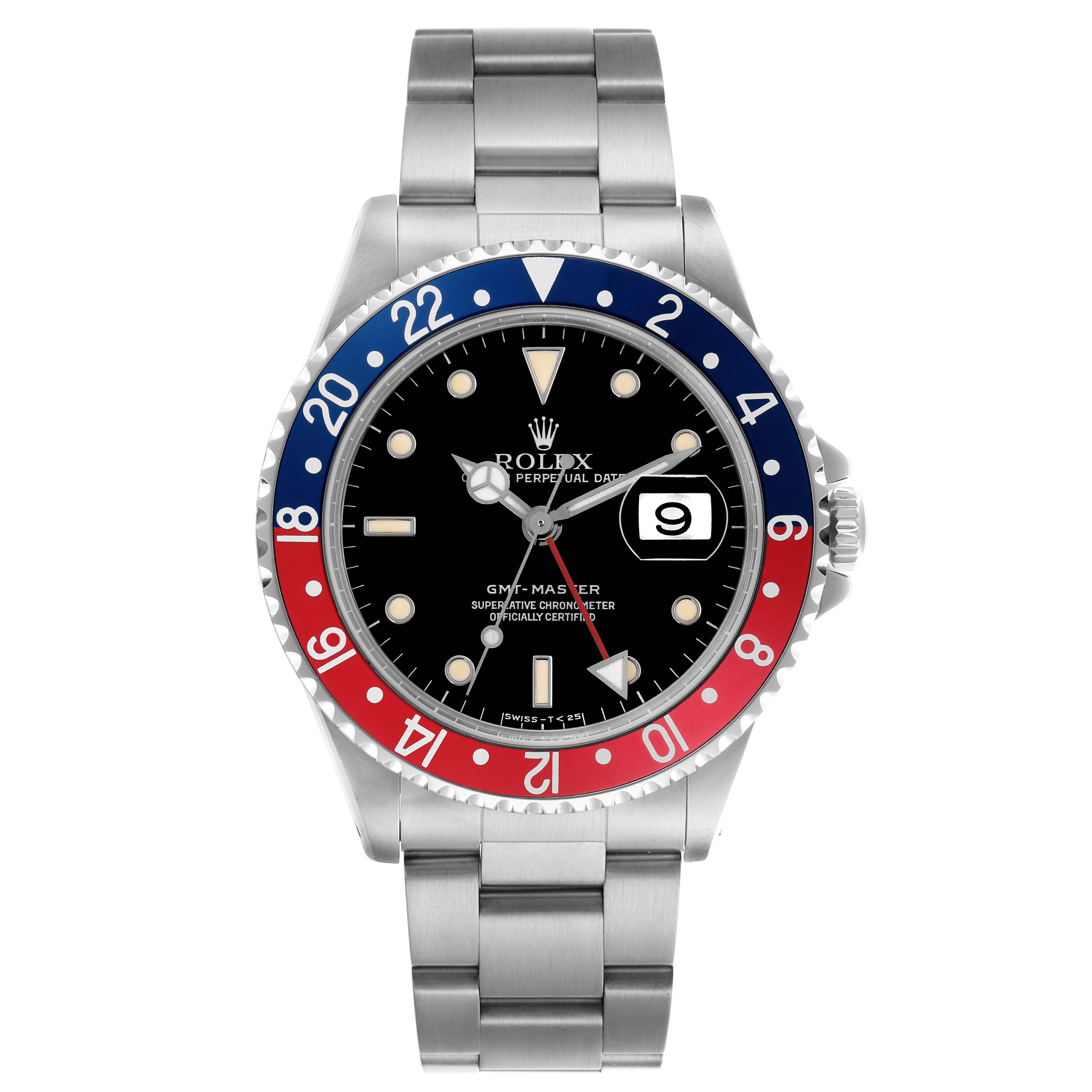 The Rolex GMT-Master 16700 Men
s Stainless Steel Black Dial 16700 Men
s Stainless Steel Black Dial watch is shown from the front, highlighting its bezel, dial, and bracelet.
