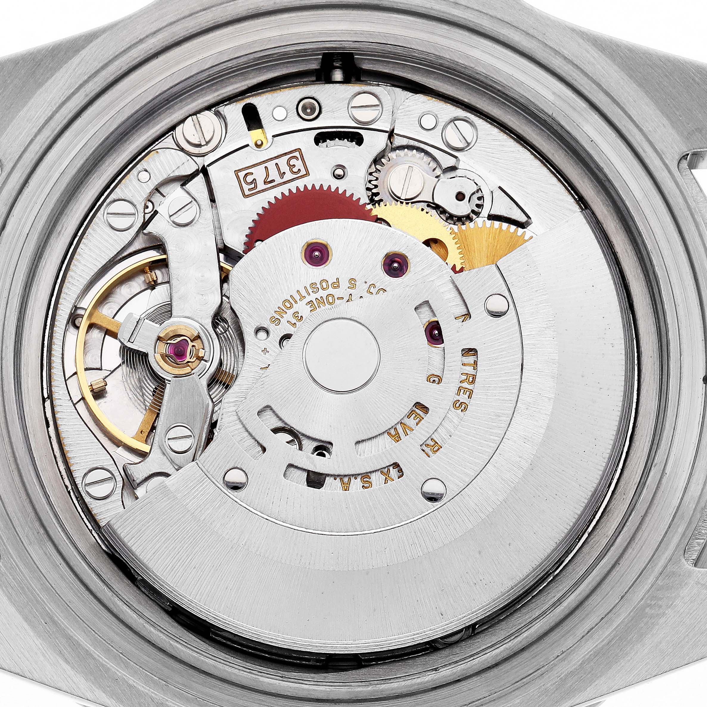 The image shows the movement of a Rolex GMT-Master 16700 Men
s Stainless Steel Black Dial 16700 Men
s Stainless Steel Black Dial watch from a top-down angle, displaying gears and mechanisms.