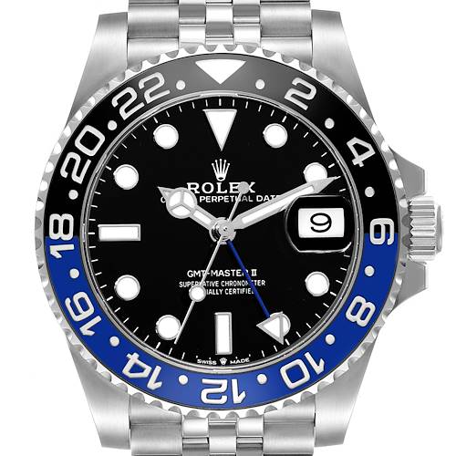 The image shows a front view of a Rolex GMT-Master II watch, highlighting its black and blue bezel, dial, and Jubilee bracelet.