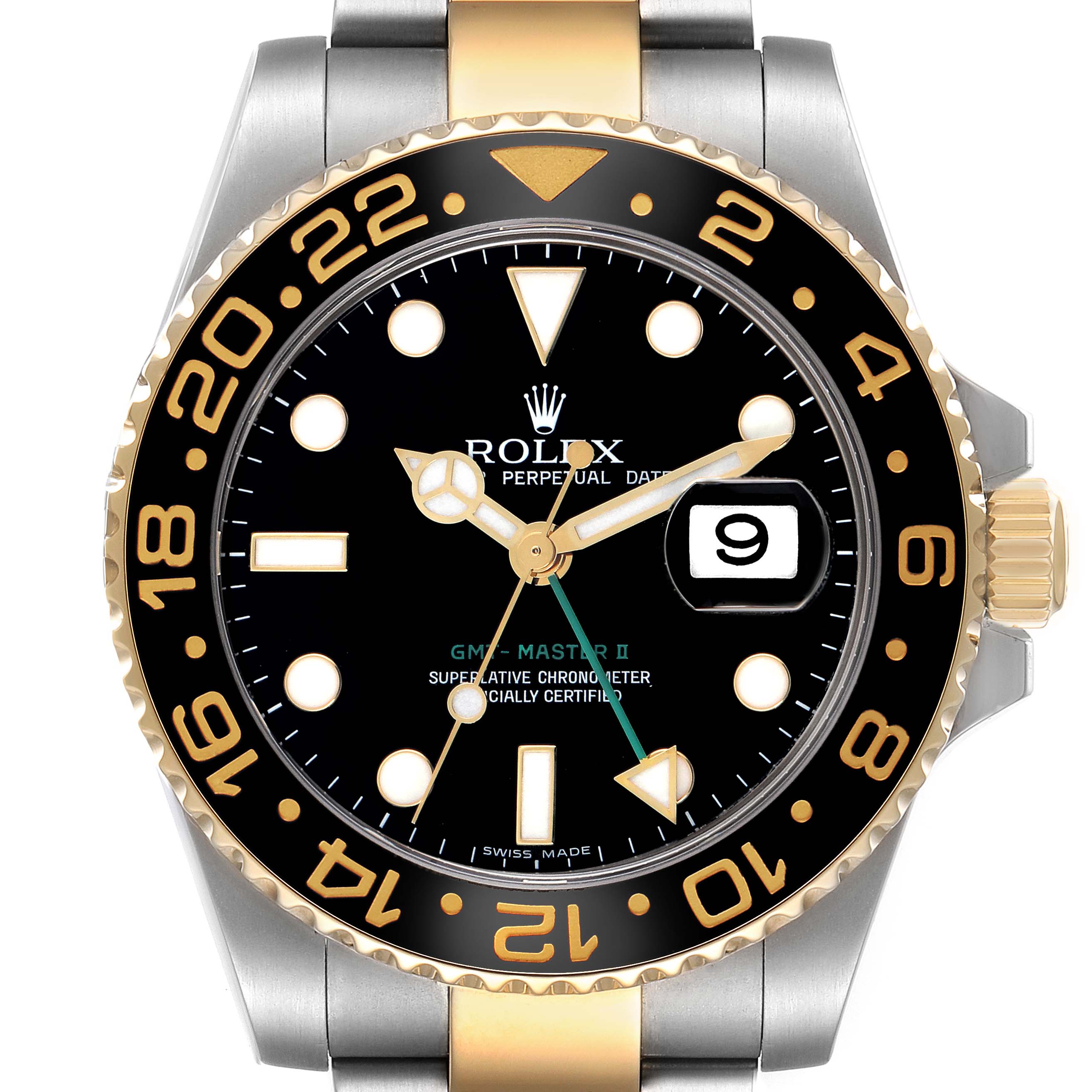 The Rolex GMT-Master 116713 Men
s Steel and Gold (two tone) Black Dial 116713 Men
s Steel and Gold (two tone) Black Dial watch is shown from a top view, highlighting the bezel, dial, hands, crown, and bracelet.