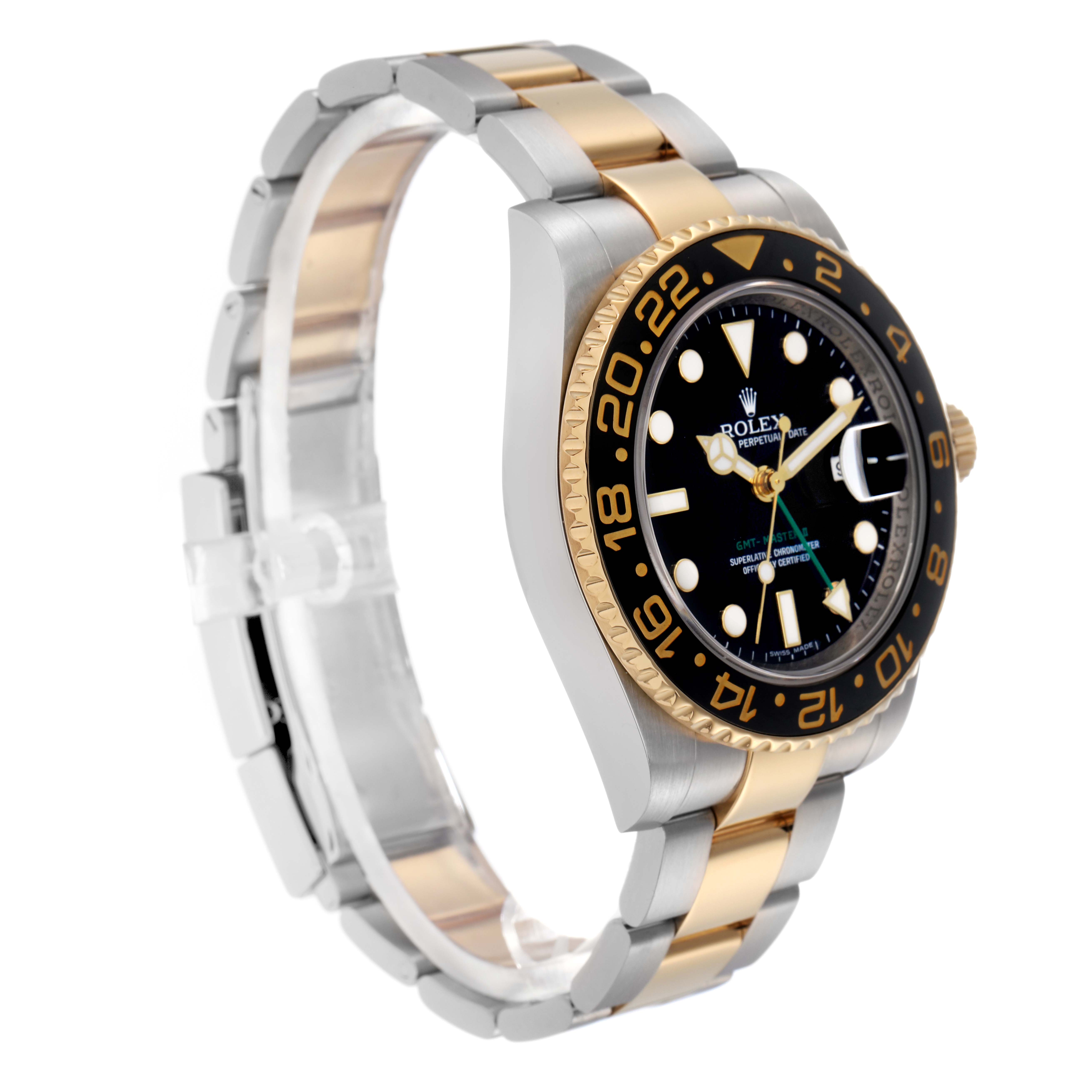 The image shows a Rolex GMT-Master 116713 Men
s Steel and Gold (two tone) Black Dial 116713 Men
s Steel and Gold (two tone) Black Dial at a three-quarter angle, highlighting the bezel, dial, and two-tone bracelet.