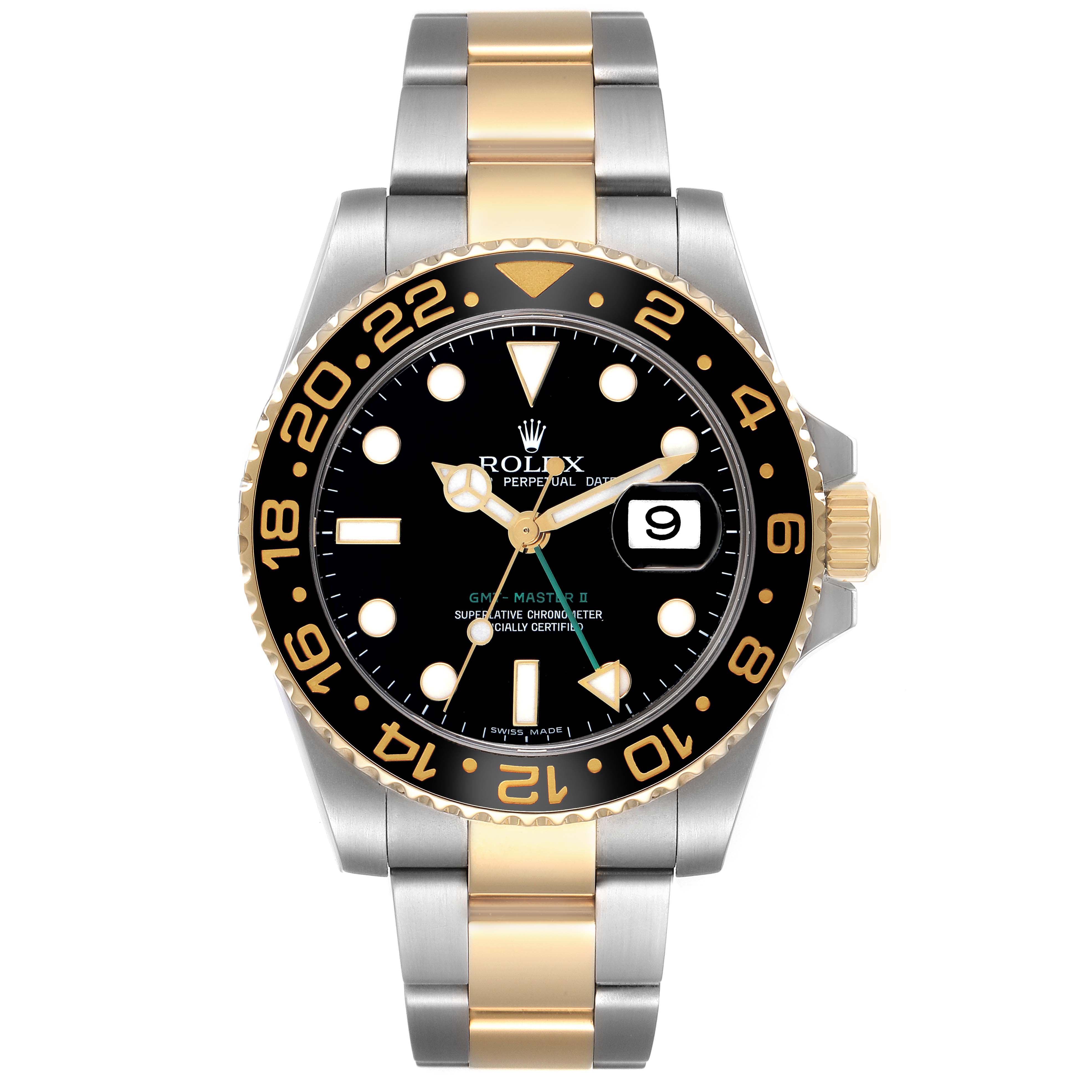The Rolex GMT-Master 116713 Men
s Steel and Gold (two tone) Black Dial 116713 Men
s Steel and Gold (two tone) Black Dial watch is shown from the front, displaying its dial, bezel, and bracelet.