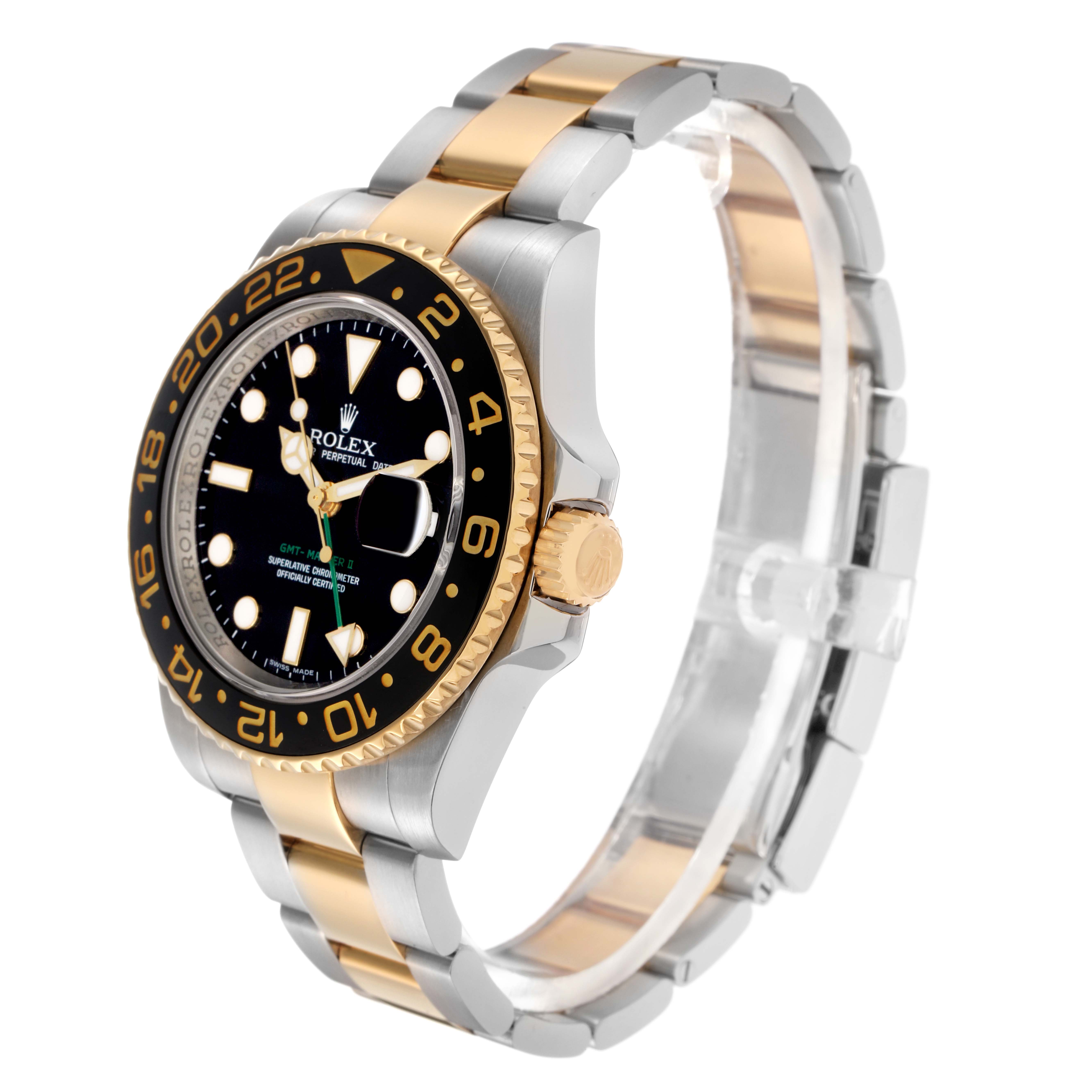 The Rolex GMT-Master 116713 Men
s Steel and Gold (two tone) Black Dial 116713 Men
s Steel and Gold (two tone) Black Dial watch is shown at a three-quarter angle, displaying the bezel, crown, and two-tone bracelet.