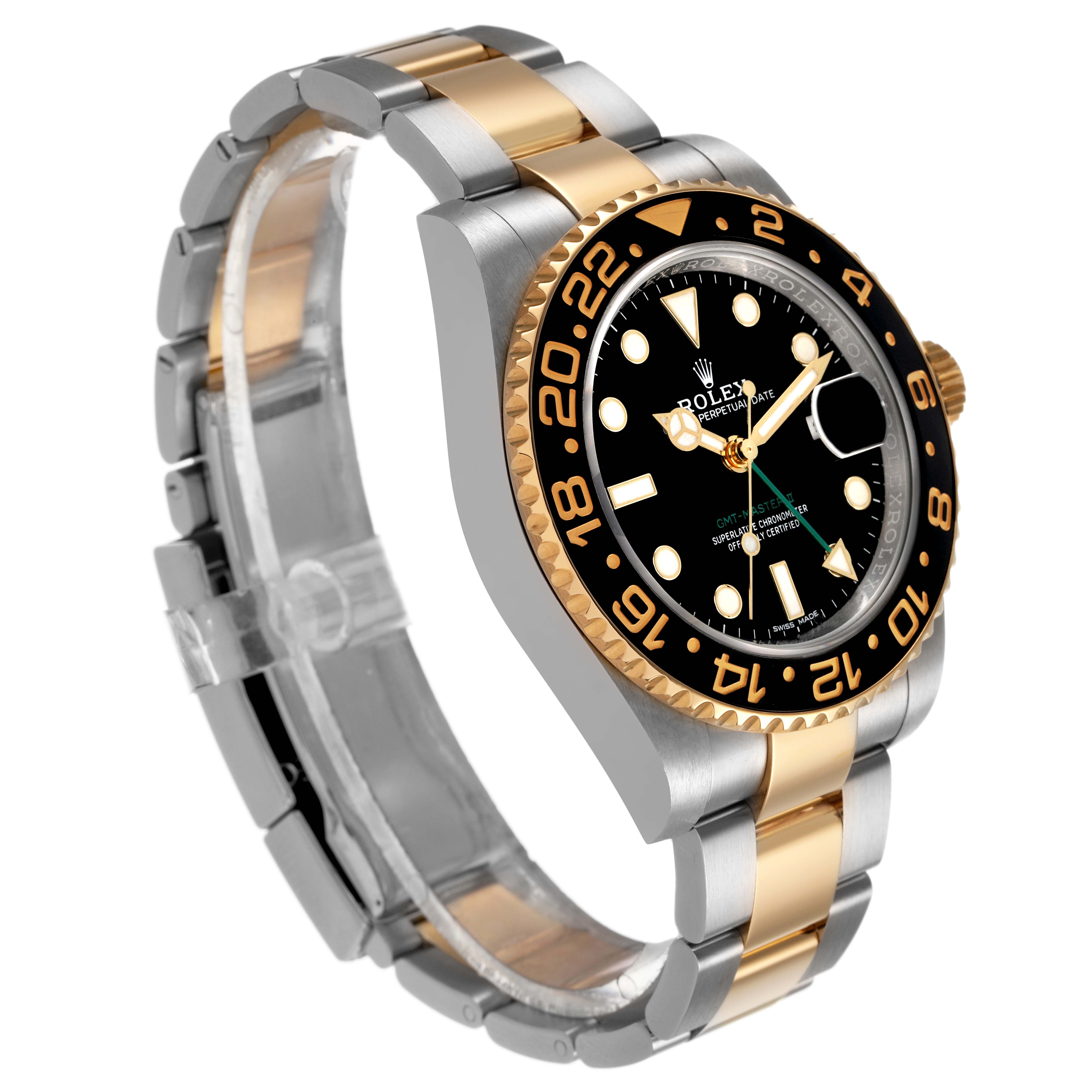 The Rolex GMT-Master M116713LN Men's Stainless Steel Black Dial watch is shown at a three-quarter angle, highlighting the bezel, dial, and two-tone bracelet.