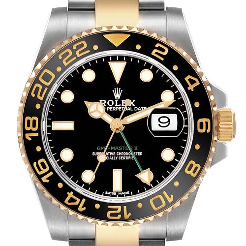 The image shows a frontal view of a Rolex GMT-Master M116713LN Men's Stainless Steel Black Dial II watch highlighting the bezel, dial, and crown.