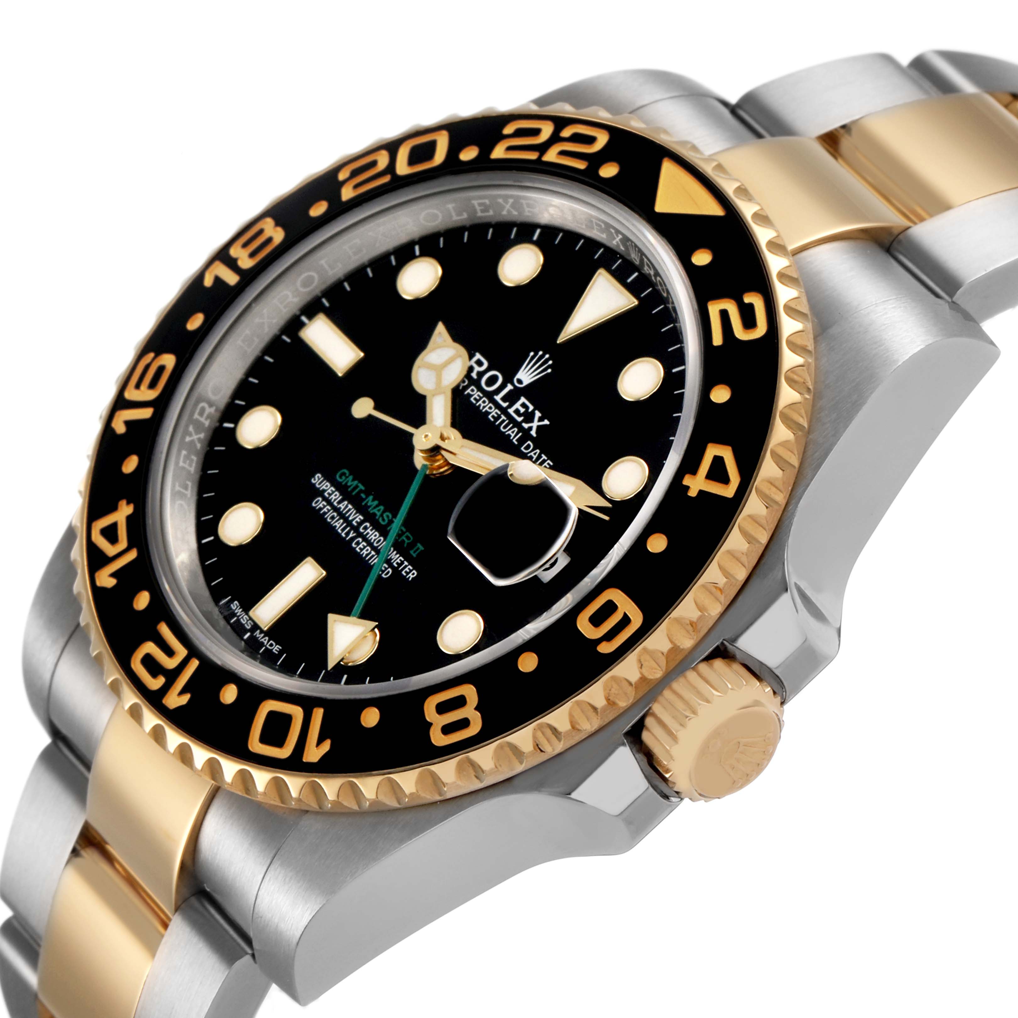 The image shows a side view of a Rolex GMT-Master M116713LN Men's Stainless Steel Black Dial watch, highlighting its black bezel, gold accents, and bracelet.