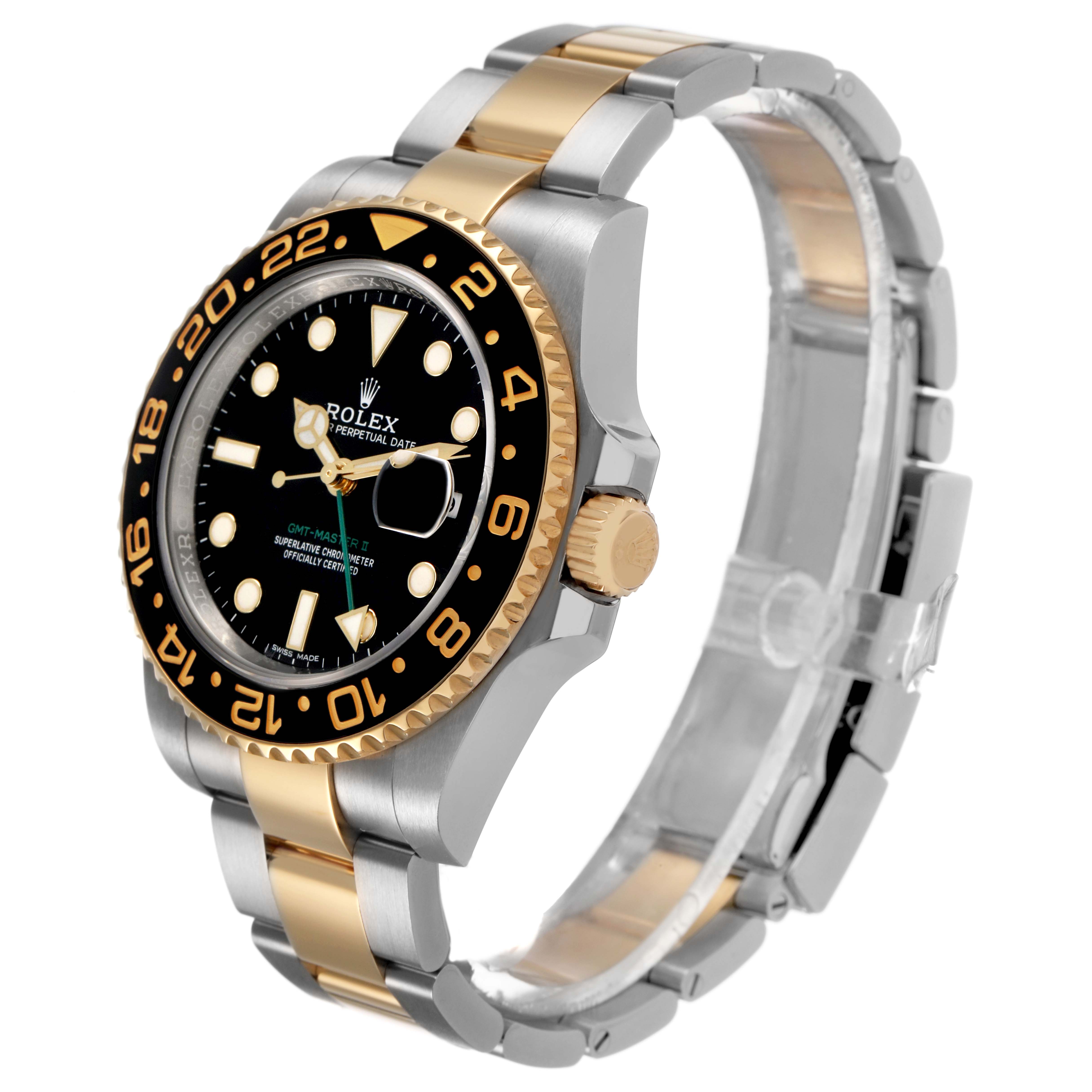 The Rolex GMT-Master M116713LN Men's Stainless Steel Black Dial watch is shown at a slight angle, highlighting the bezel, crown, and two-tone bracelet.