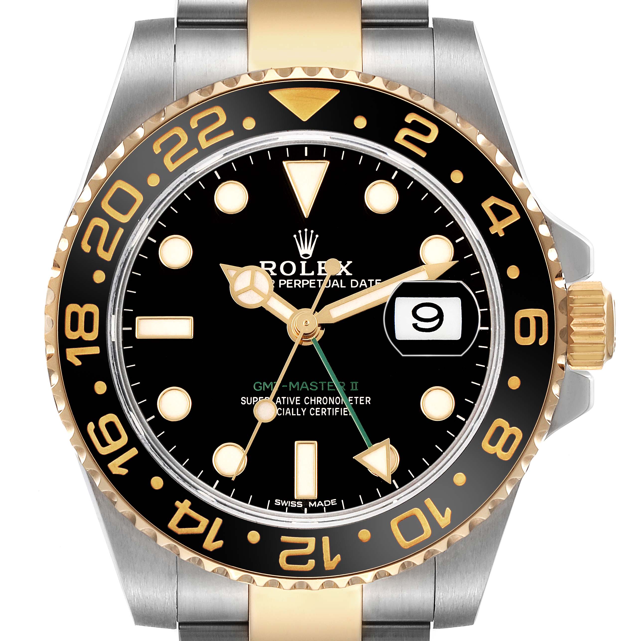 The Rolex GMT-Master M116713LN Men's Stainless Steel Black Dial watch is shown from the front, highlighting the bezel, dial, crown, and bracelet.
