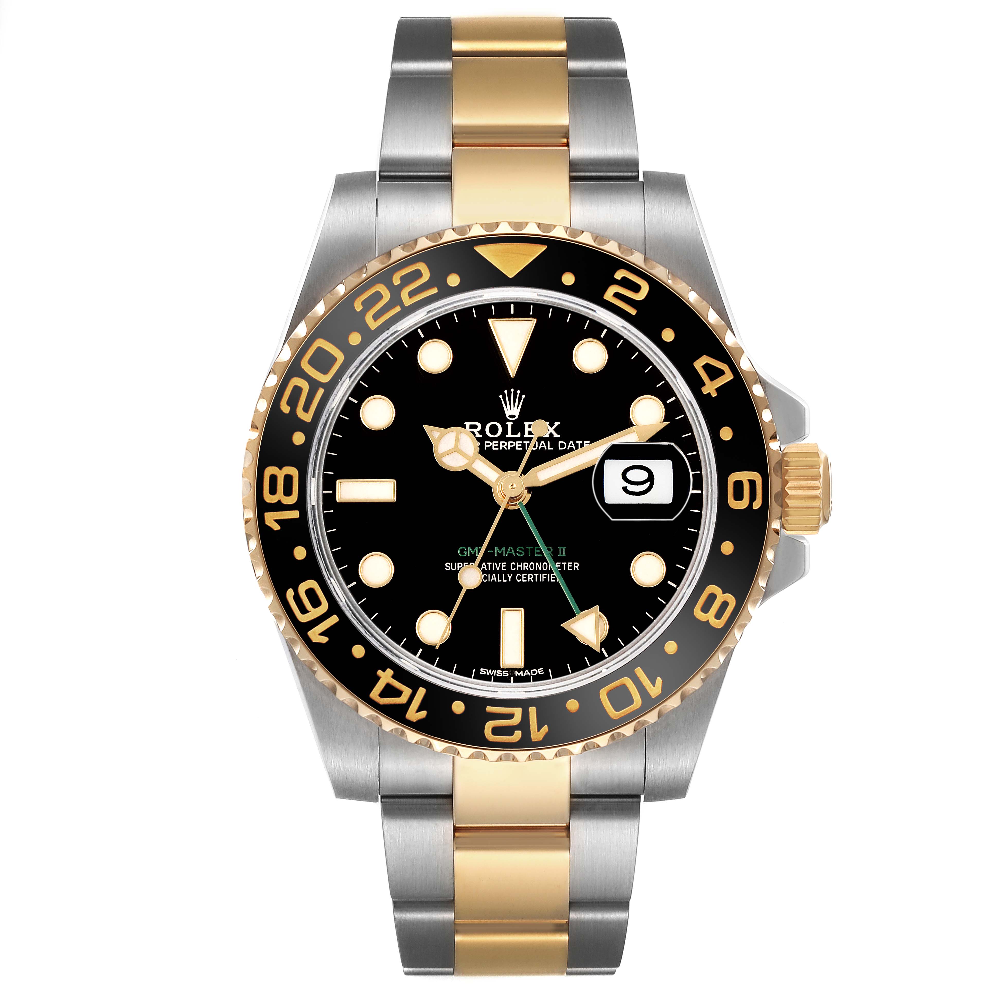 The Rolex GMT-Master M116713LN Men's Stainless Steel Black Dial II is shown from the front, displaying the dial, bezel, and two-tone bracelet.
