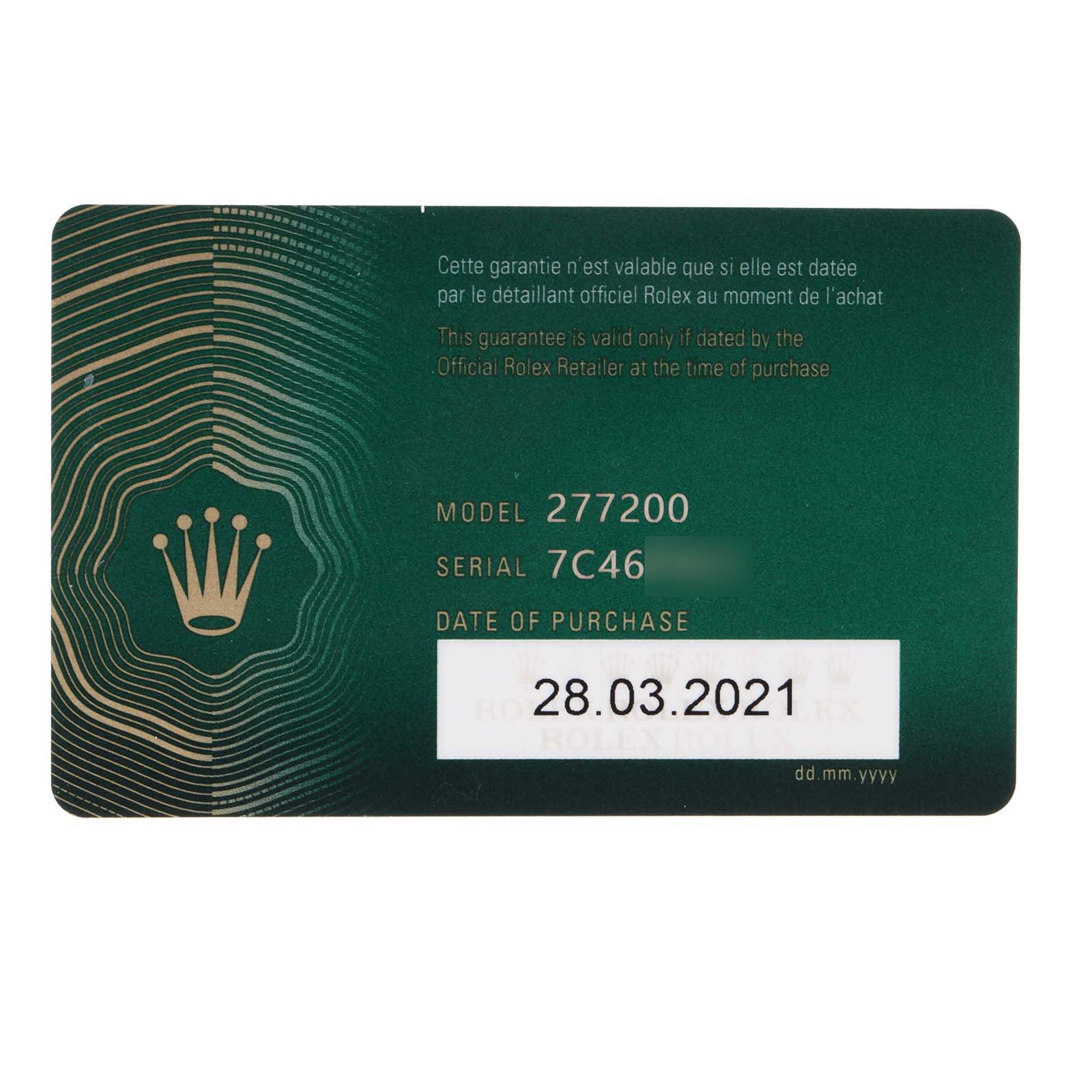The image shows a green Rolex warranty card for the Mid-Size model 277200 with the date of purchase noted.