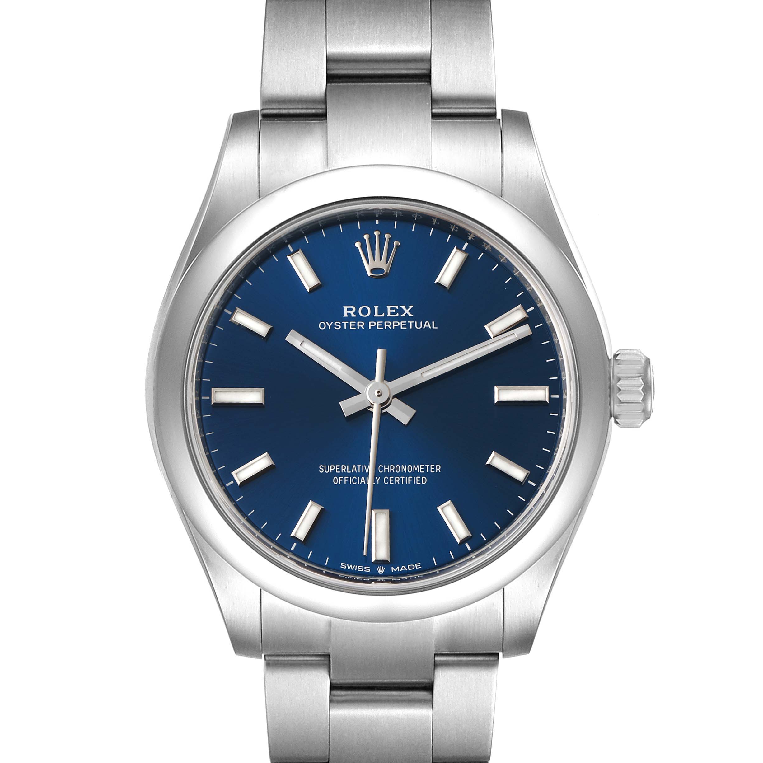 This image shows a front view of a Rolex Mid-Size 277200 Women
s Stainless Steel Blue Dial 277200 Women
s Stainless Steel Blue Dial Oyster Perpetual watch, highlighting the dial, bezel, crown, and part of the bracelet.