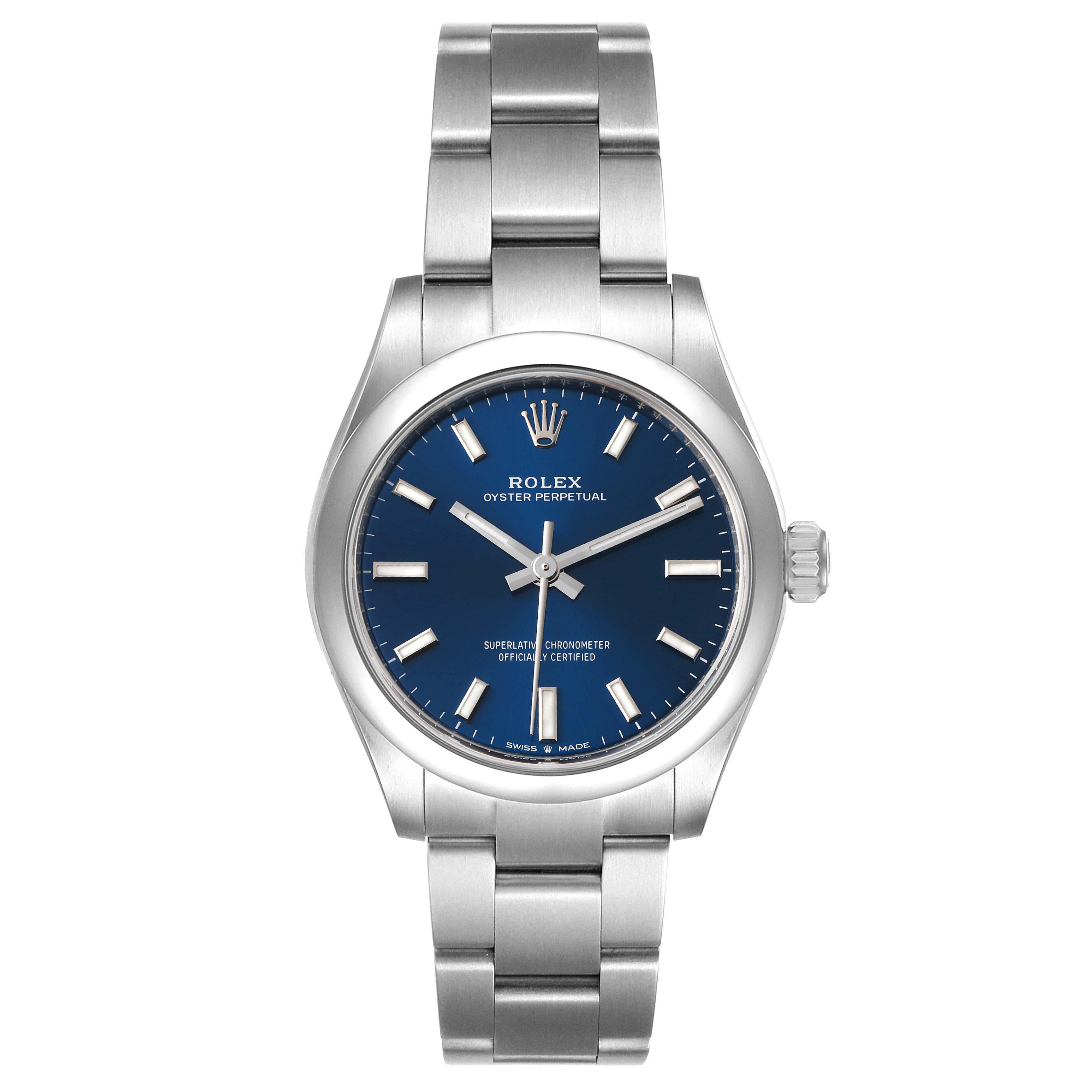 This image shows a front view of a Rolex Oyster Perpetual Mid-Size model, highlighting its blue dial and stainless steel bracelet.