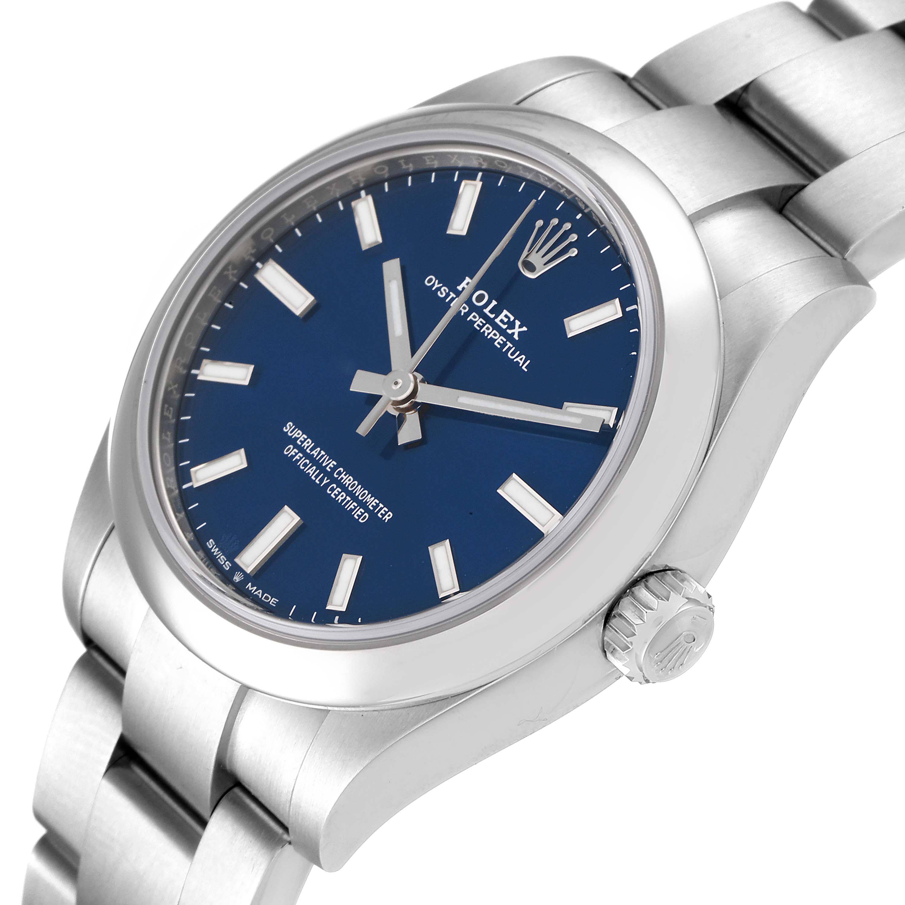 The image shows a Rolex Mid-Size 277200 Women
s Stainless Steel Blue Dial 277200 Women
s Stainless Steel Blue Dial Oyster Perpetual watch at a slight angle, highlighting its dial, case, crown, and bracelet.
