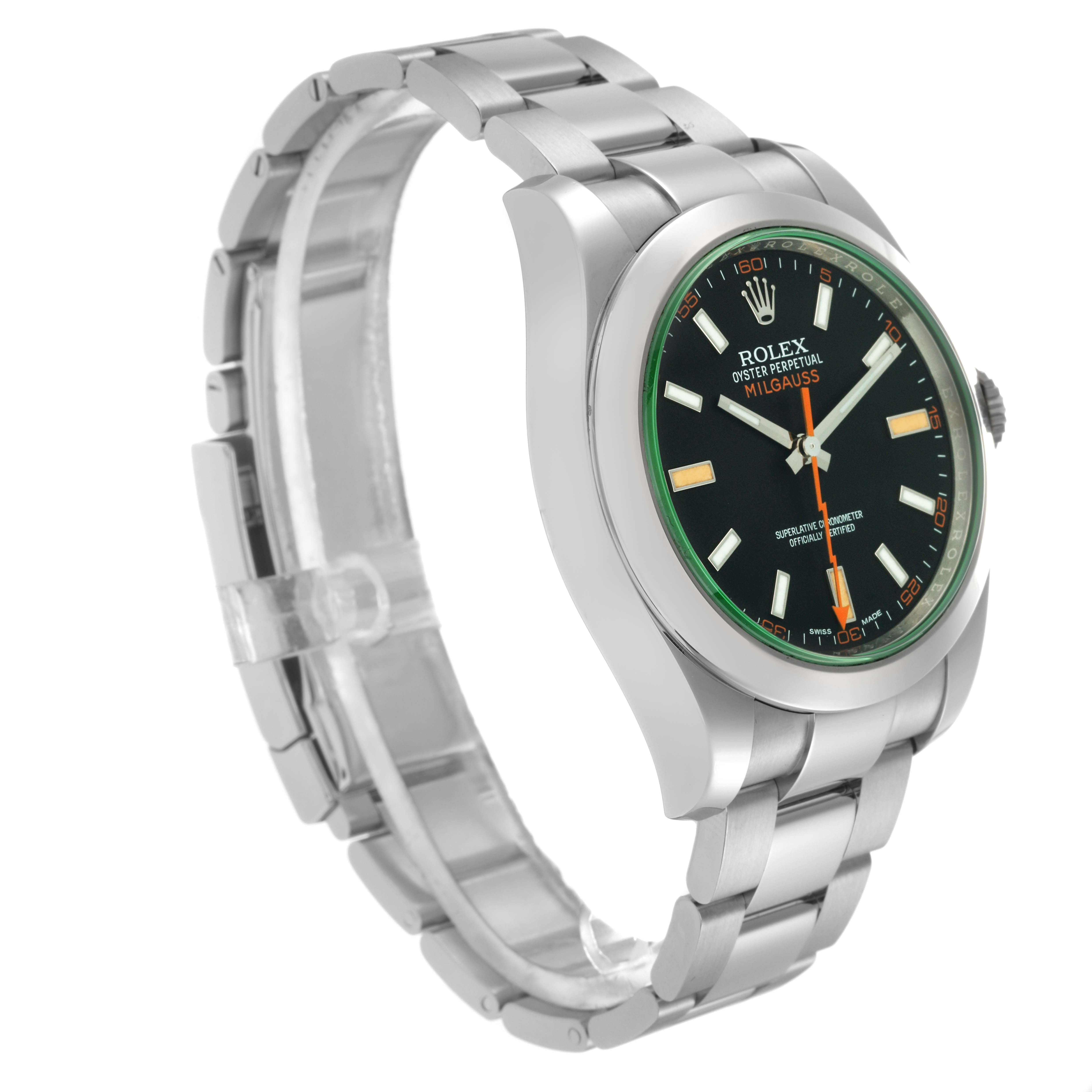 The Rolex Milgauss 116400GV Men
s Stainless Steel Black Dial 116400GV Men
s Stainless Steel Black Dial watch is shown at a side angle, highlighting the dial, case, bracelet, and crown.