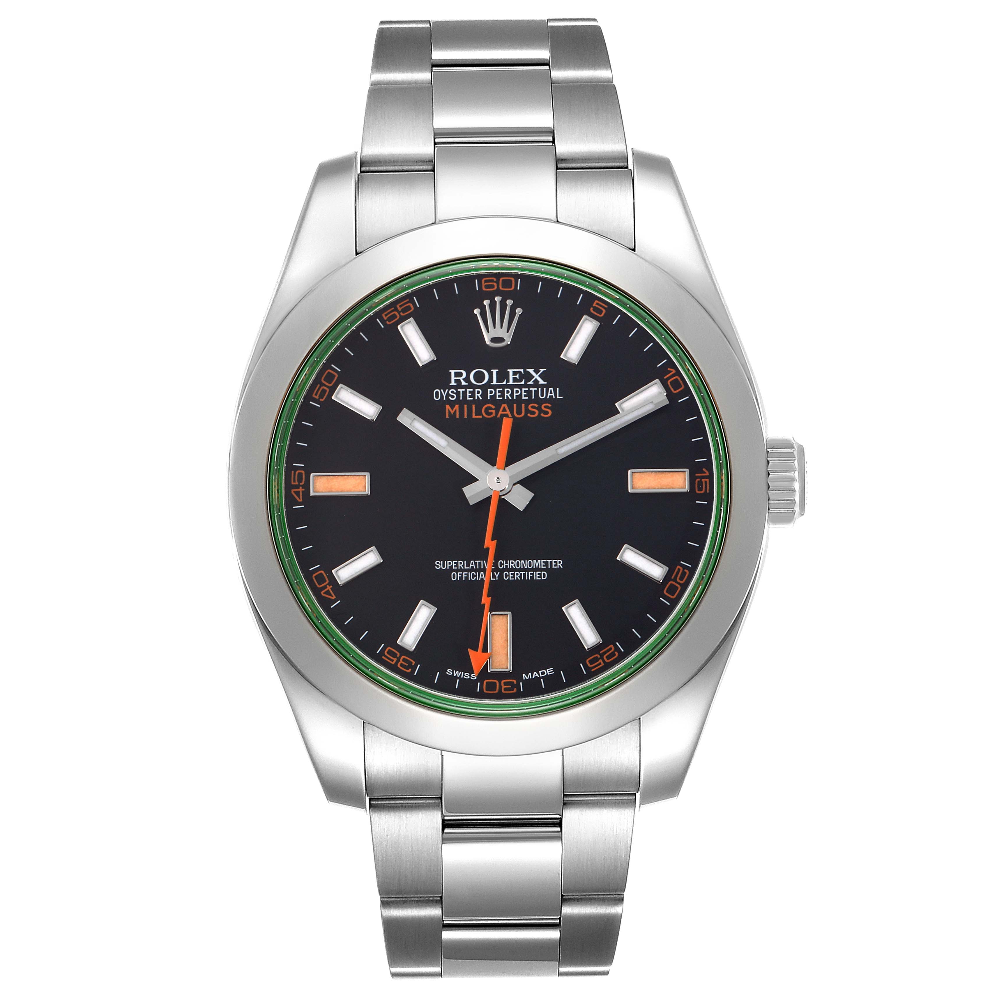 The image shows a front view of the Rolex Milgauss 116400GV Men
s Stainless Steel Black Dial 116400GV Men
s Stainless Steel Black Dial watch, displaying its face, bezel, and stainless steel bracelet.