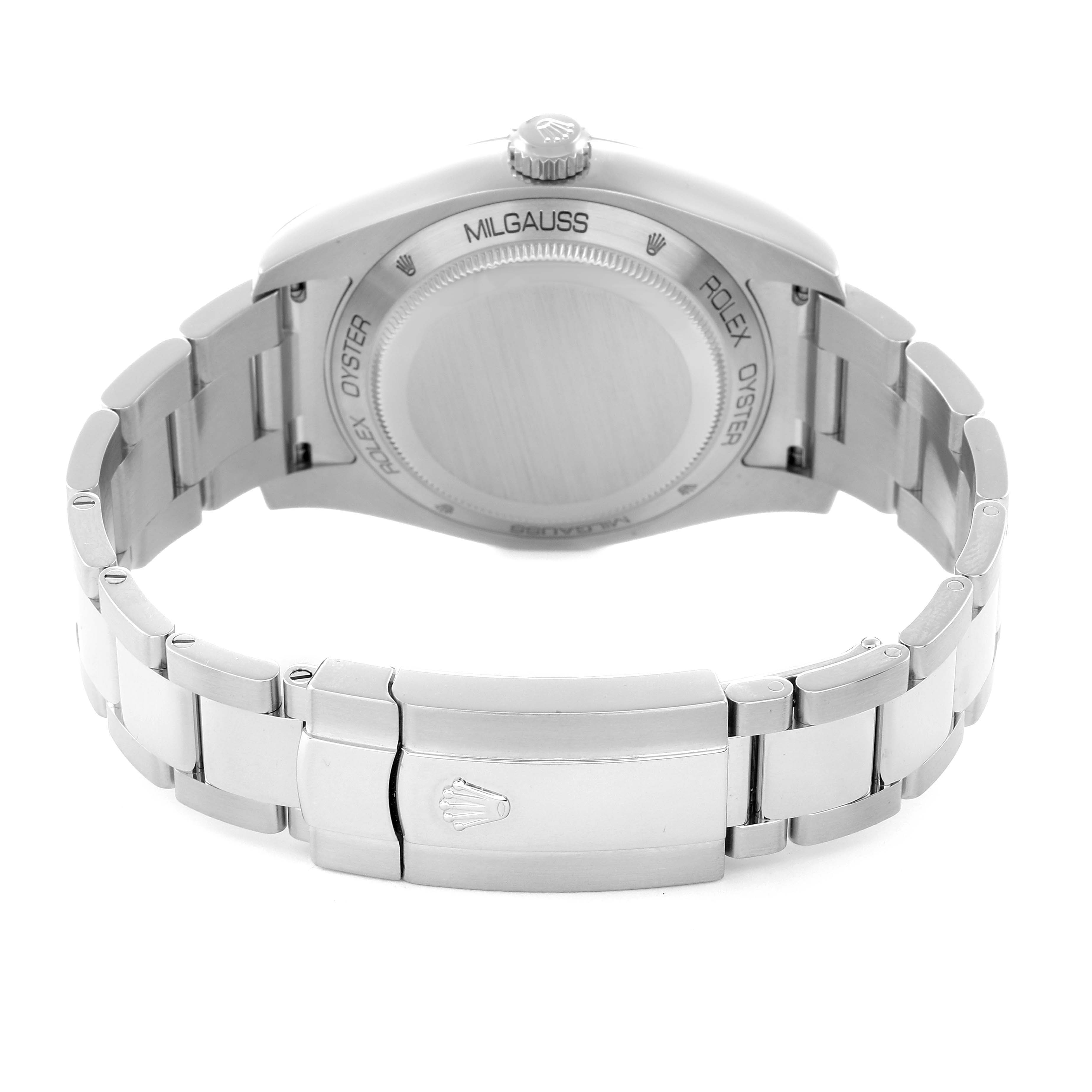 The image shows the back view of a Rolex Milgauss 116400GV Men
s Stainless Steel Black Dial 116400GV Men
s Stainless Steel Black Dial watch, highlighting its clasp and bracelet.