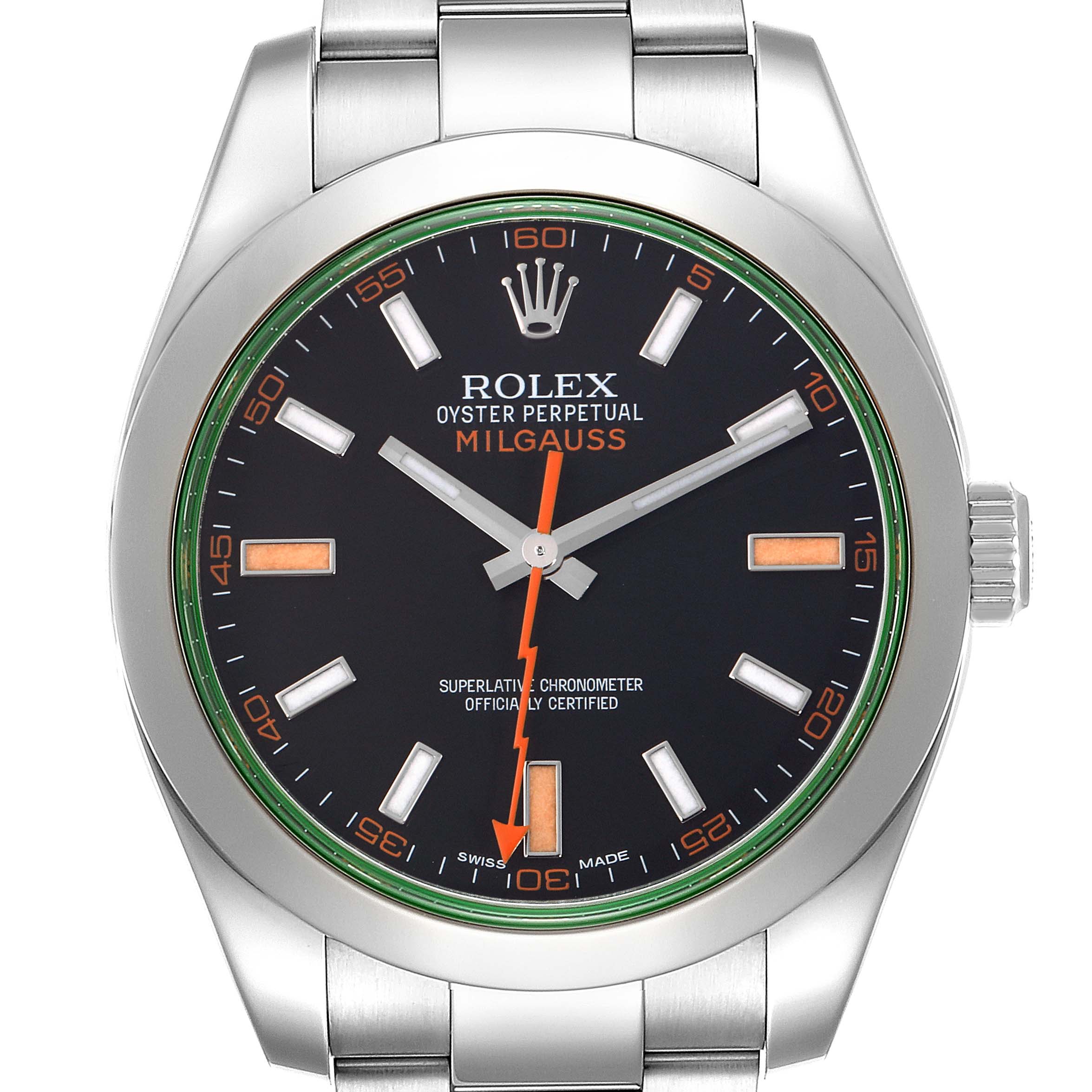 The Rolex Milgauss 116400GV Men
s Stainless Steel Black Dial 116400GV Men
s Stainless Steel Black Dial watch is shown from a top-down angle, displaying the full face, bezel, and part of the bracelet.