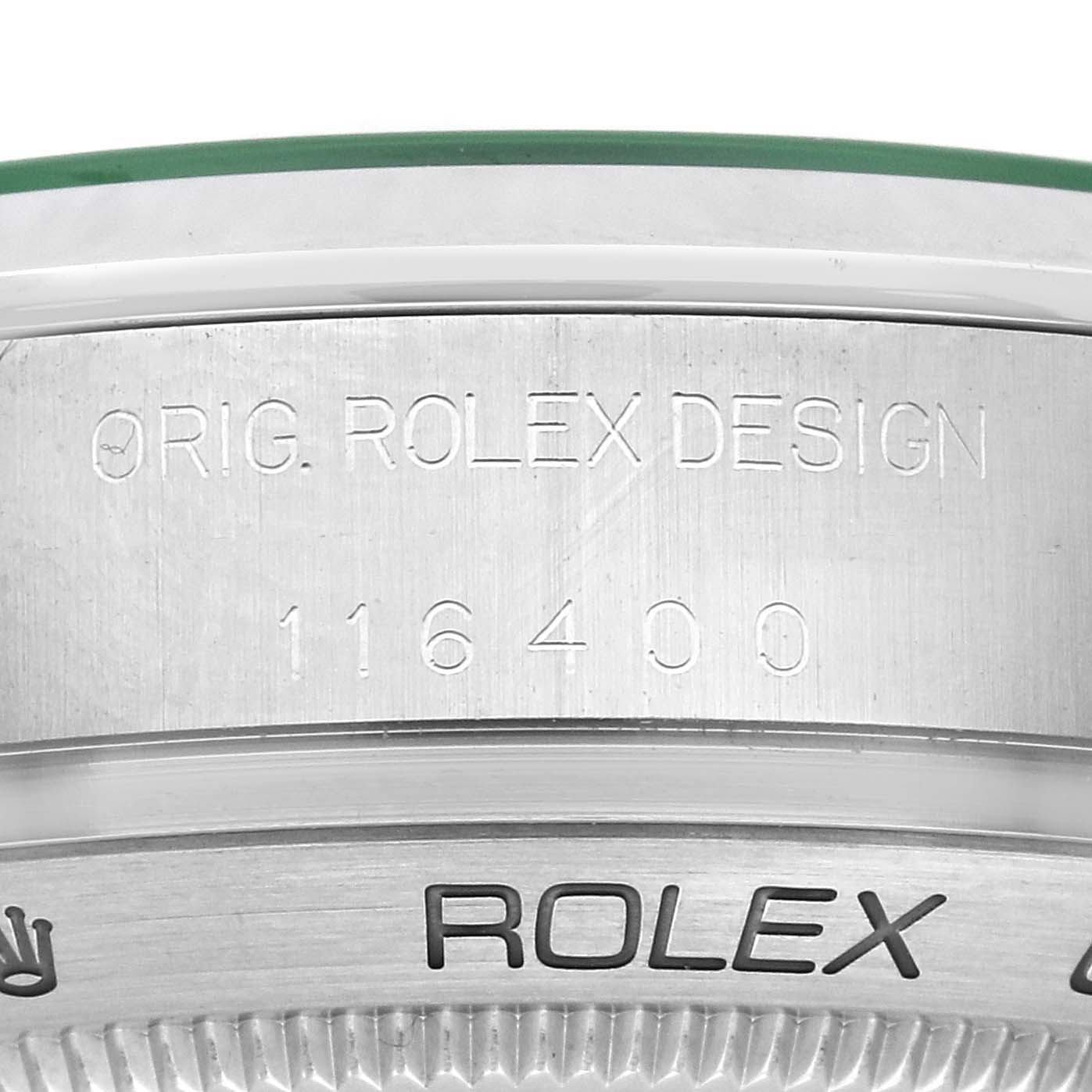 The image shows a close-up side view of the Rolex Milgauss 116400GV Men
s Stainless Steel Black Dial 116400GV Men
s Stainless Steel Black Dial, highlighting the model number and "ORIG. ROLEX DESIGN" engraving.