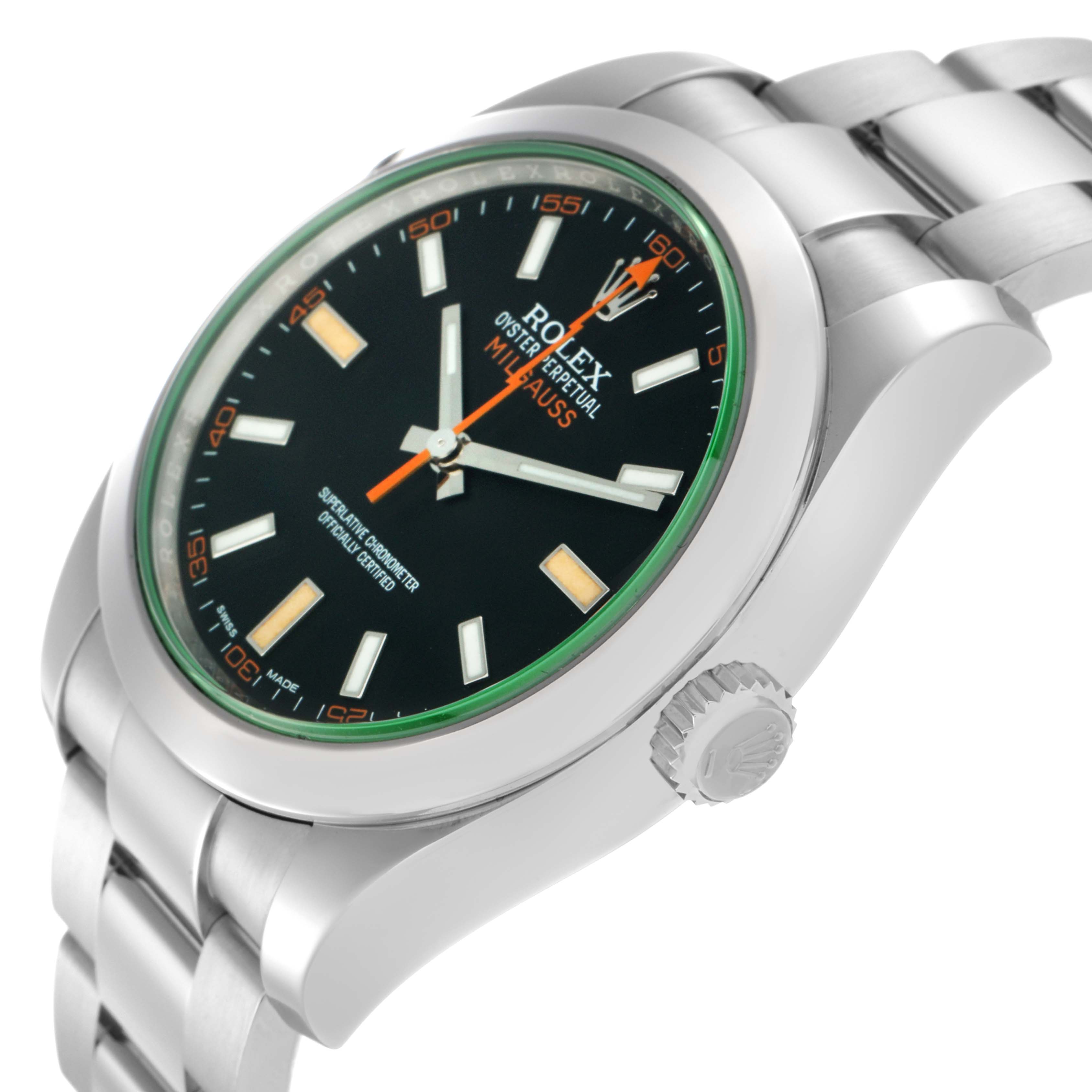 The Rolex Milgauss 116400GV Men
s Stainless Steel Black Dial 116400GV Men
s Stainless Steel Black Dial watch is shown at a slight angle, highlighting the dial, bezel, crown, and part of the bracelet.