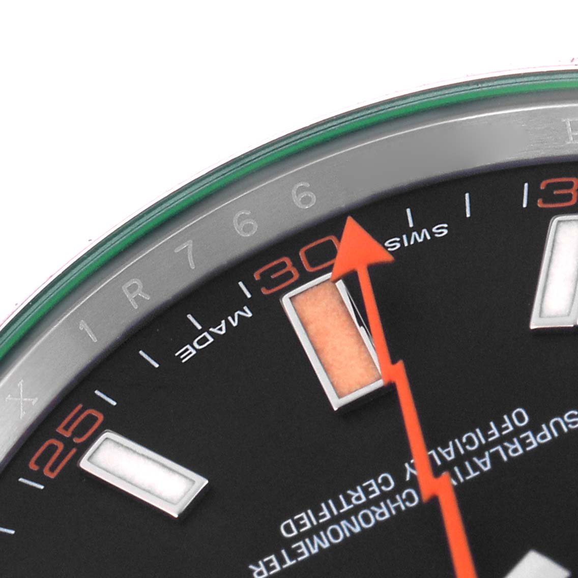 The image shows a close-up of the Rolex Milgauss 116400GV Men
s Stainless Steel Black Dial 116400GV Men
s Stainless Steel Black Dial dial with a focus on the orange lightning bolt second hand and numeral markers.