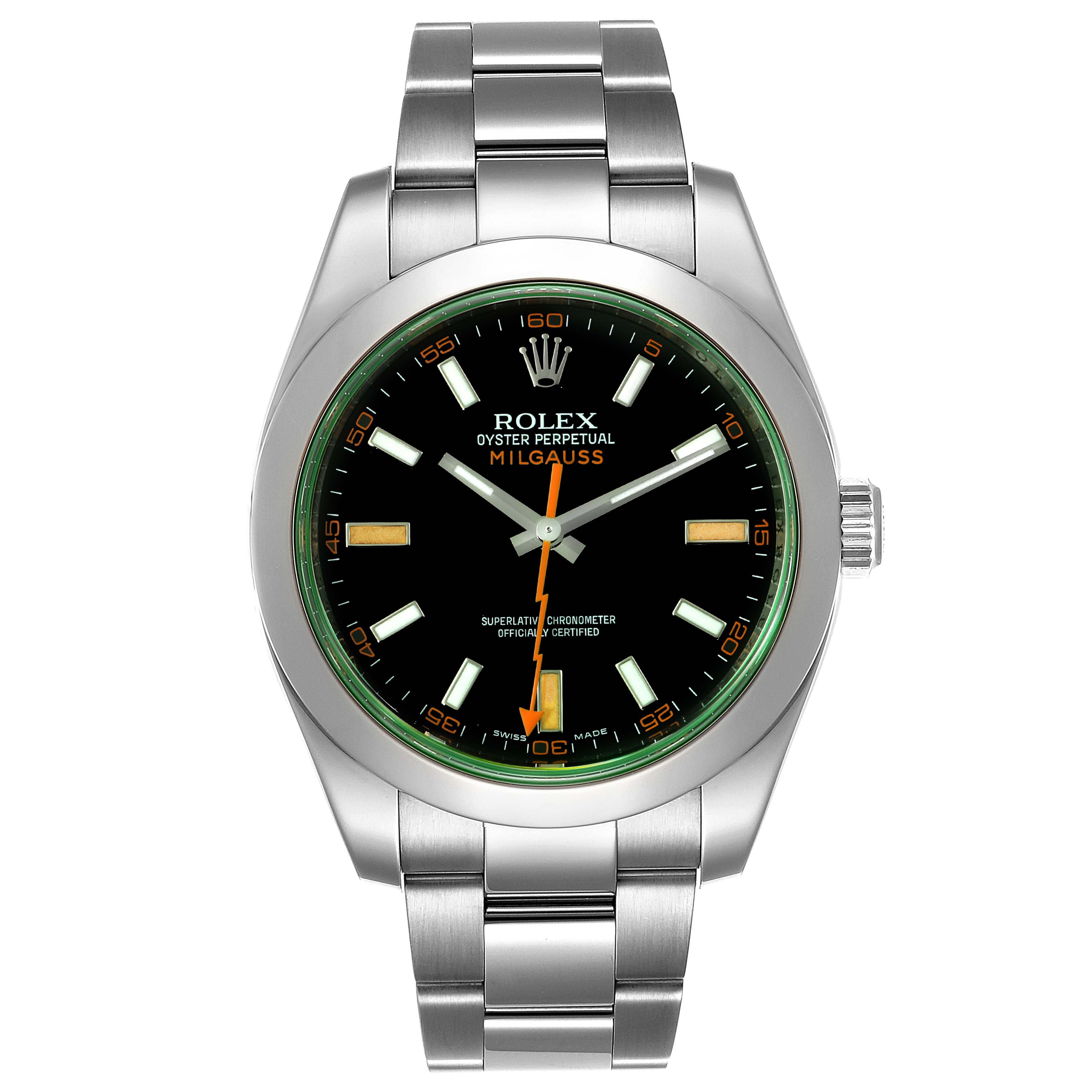This image shows a front view of the Rolex Milgauss 116400V Men's Stainless Steel Black Dial 116400V Men's Stainless Steel Black Dial watch, highlighting its dial, bracelet, and crown.