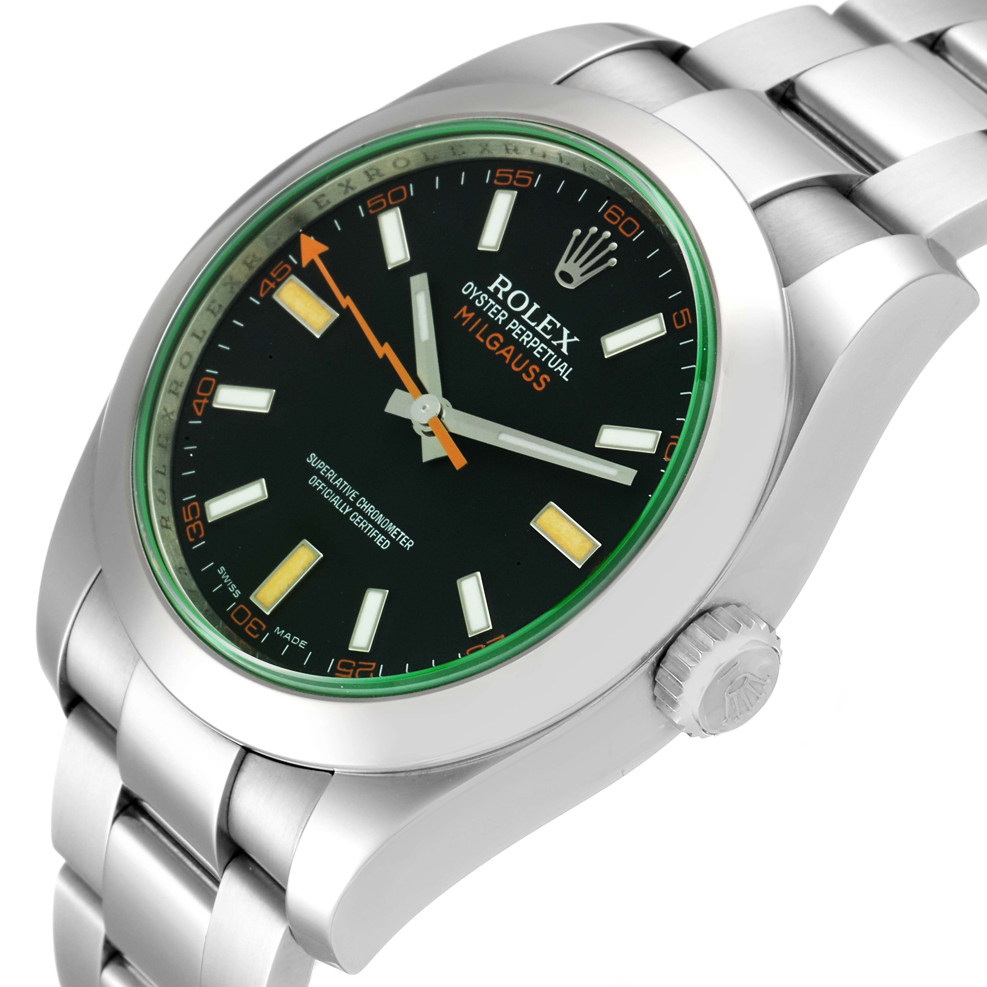 The image shows a tilted angle of the Rolex Milgauss 116400V Men's Stainless Steel Black Dial 116400V Men's Stainless Steel Black Dial watch, highlighting the face, the crown, and part of the bracelet.